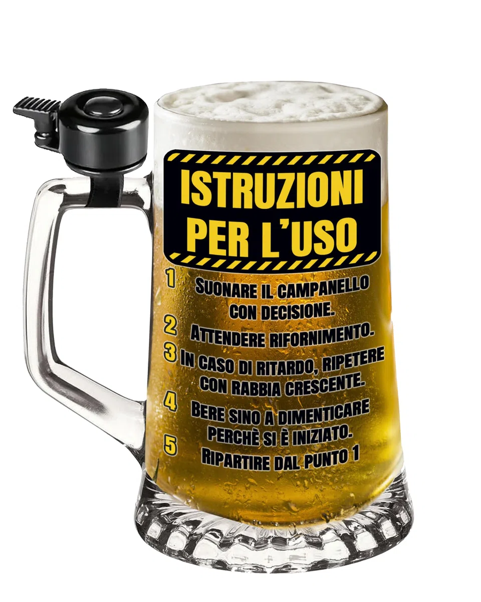 Bombo Boccale da Birra in vetro con Campanello – Stampa Colorata “Istruzioni per l’uso…” con Indicazioni Divertenti – Idea Regalo Spassosa per Amici e Feste