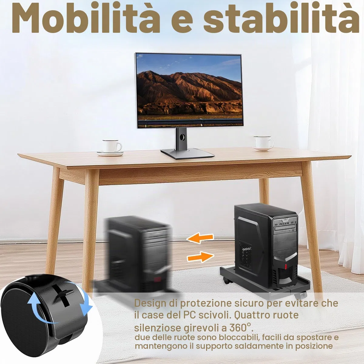 Supporto PC Fisso, Torre Supporto PC con 4 Ruote Bloccabili, Carrello Regolabile(20-30cm) Universale Computer Desktop Tower, sotto Scrivania, Anti-Polvere, Gaming/Ufficio/Casa, Fino a 30kg