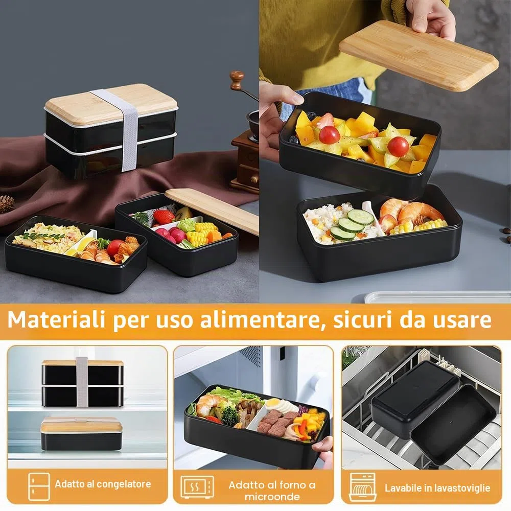 Porta Pranzo Set, 1400 ml Lunch Box con Borsa Termica e Posate, Schiscetta Portapranzo Ermetico per Microonde e Lavastoviglie, Bento Box per Lavoro Picnic Ufficio (Nero)