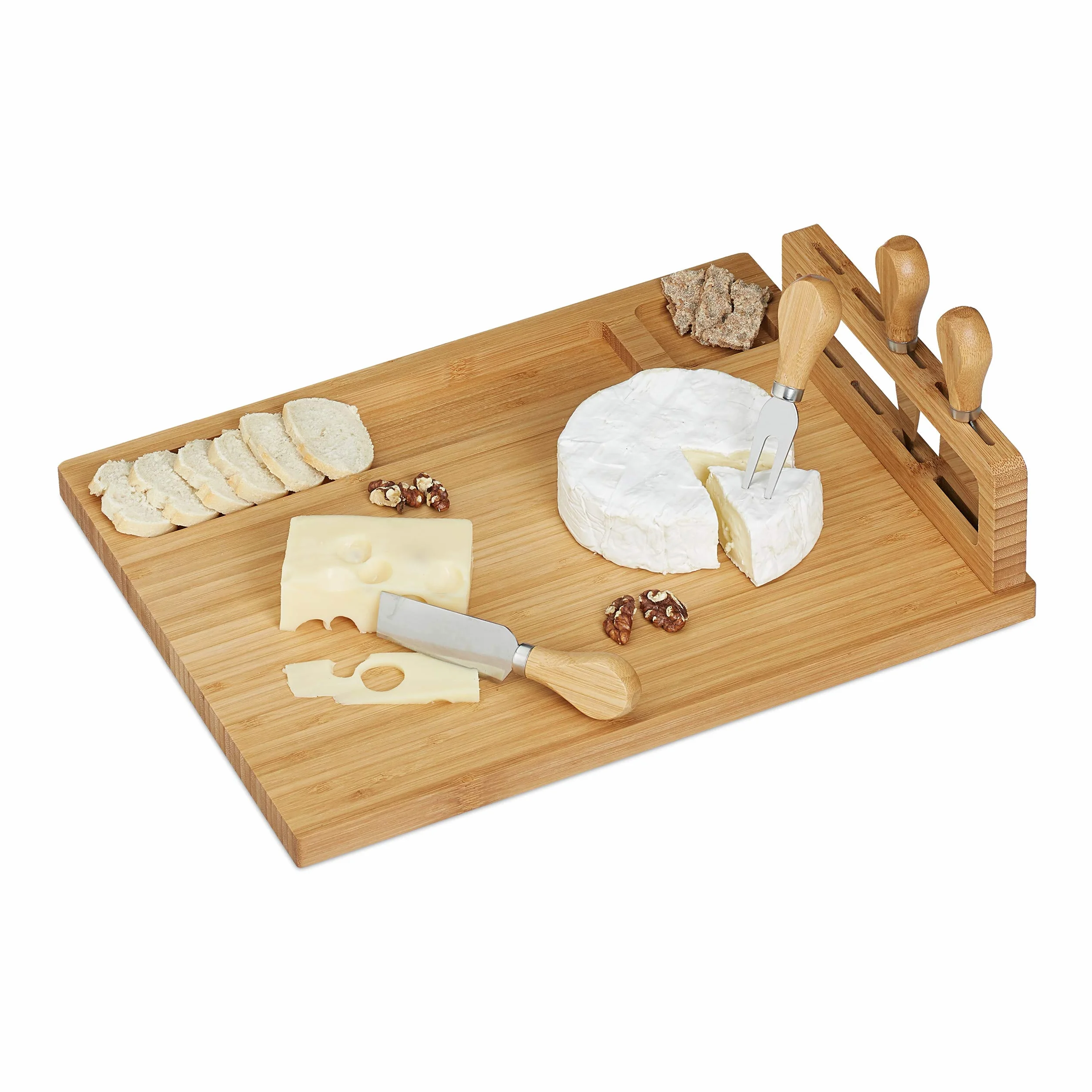 Relaxdays Formaggiera & Posate, Forchetta, Spatola e 2 Coltelli da Formaggi Morbidi & Duri, Bambù, Accio Inox, Naturale