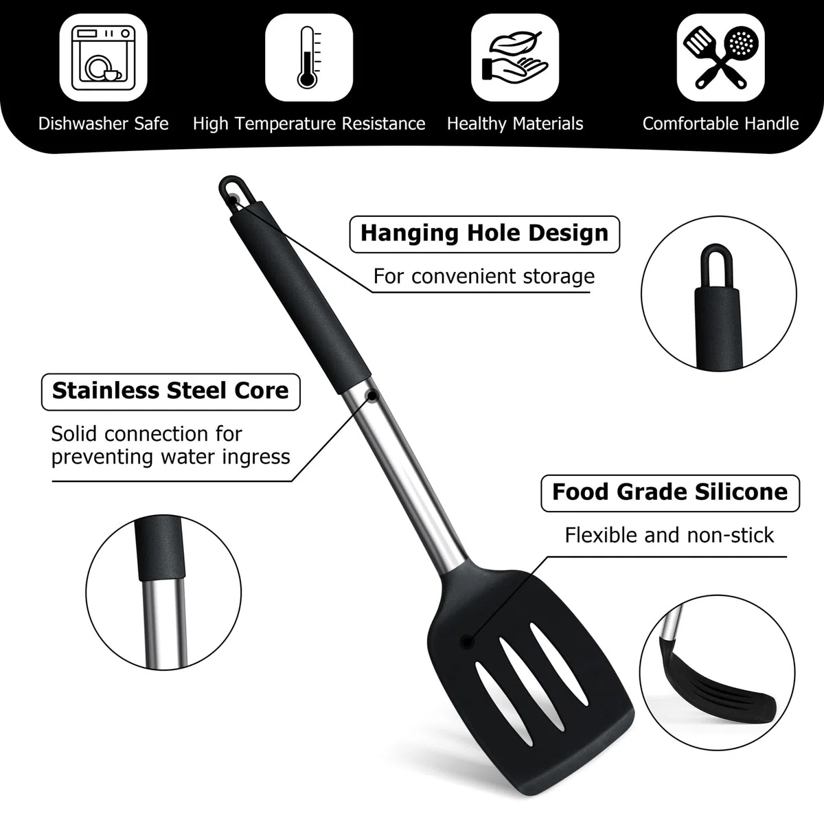 HaWare Set di utensili da cucina, 6 pezzi in silicone nero, resistenti al calore, con manico in acciaio inossidabile per utensili da cucina antiaderenti, gli strumenti da cucina includono mestolo
