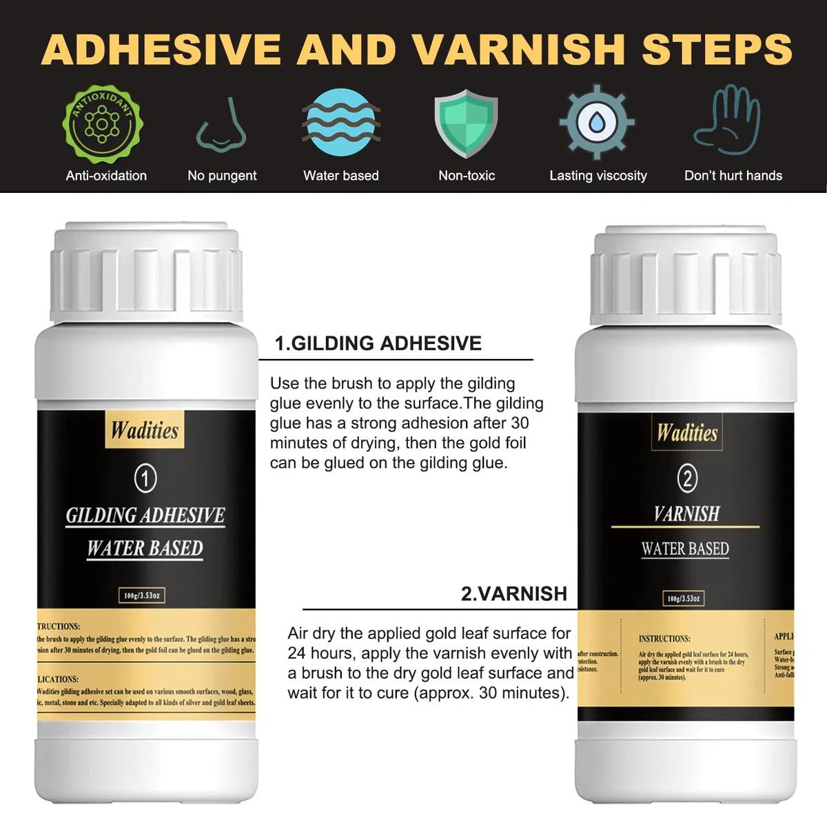 Wadities Set adesivo per doratura a foglia d'oro da 100 ml e vernice protettiva a base d'acqua da 100 ml, foglia d'oro, 100 pezzi, 2 pennelli, per bricolage, pittura e uso professionale