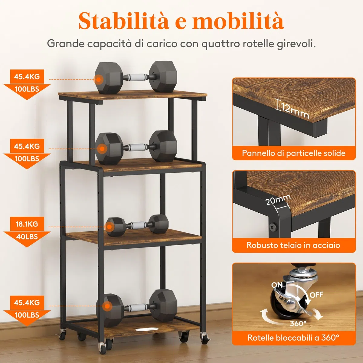 Lifewit Carrello per Stampante 4 Livelli con Ruote e Ripiano Regolabile, Supporto per Stampante per Ufficio Domestico, Carrello per Distruggi Documenti, Scanner, Marrone Rustico, 53x40x112cm
