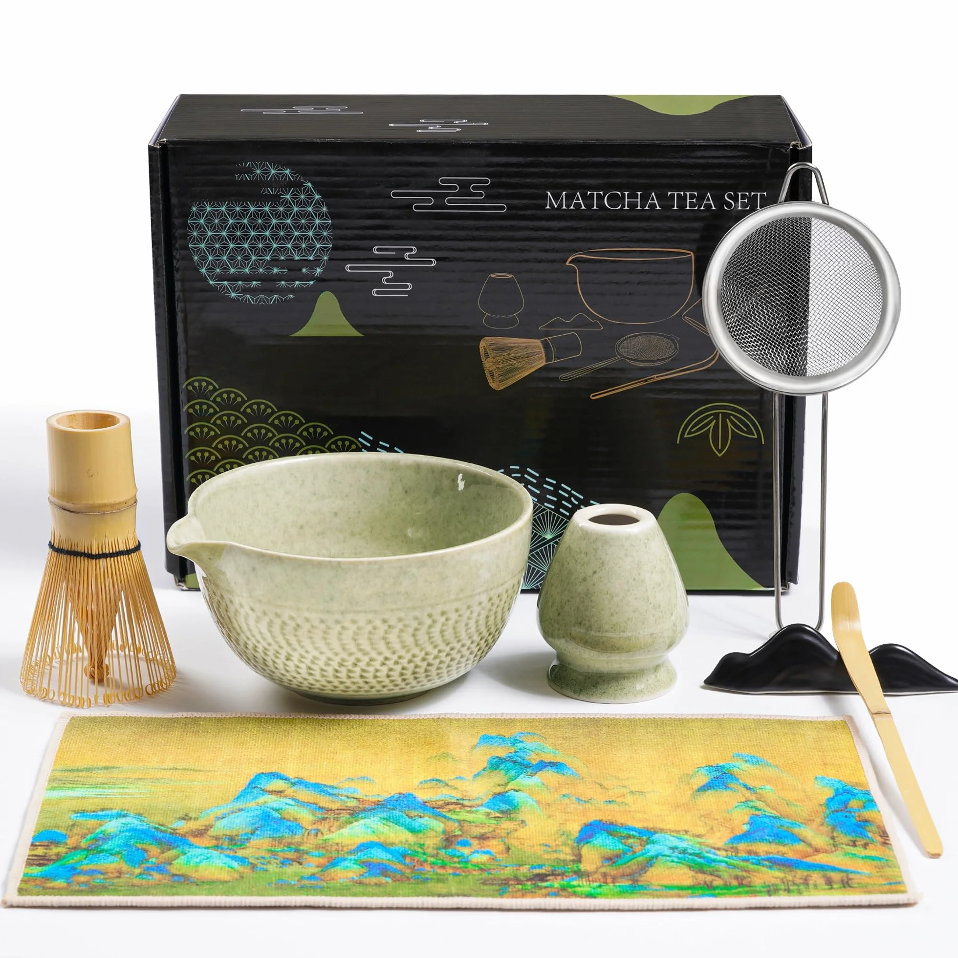 Set Matcha - 7 Pezzi Kit Cerimonia Completo con Frusta Matcha in Bambù Cucchiaio, Colino, Ciotola, Strofinaccio, Portacucchiaio e Supporto per Frusta - per Regalo Del Compleanno e Natale