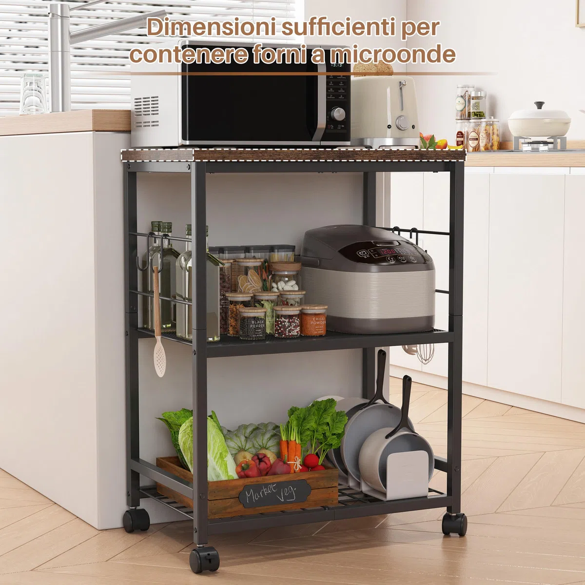 Carrello da Cucina con Microonde su Ruote,Tavolo per Microonde a 3 Ripiani con Spazio di Archiviazione,Piccolo Scaffale per Carrello da caffè per Organizzare Il Soggiorno O L'Ufficio.
