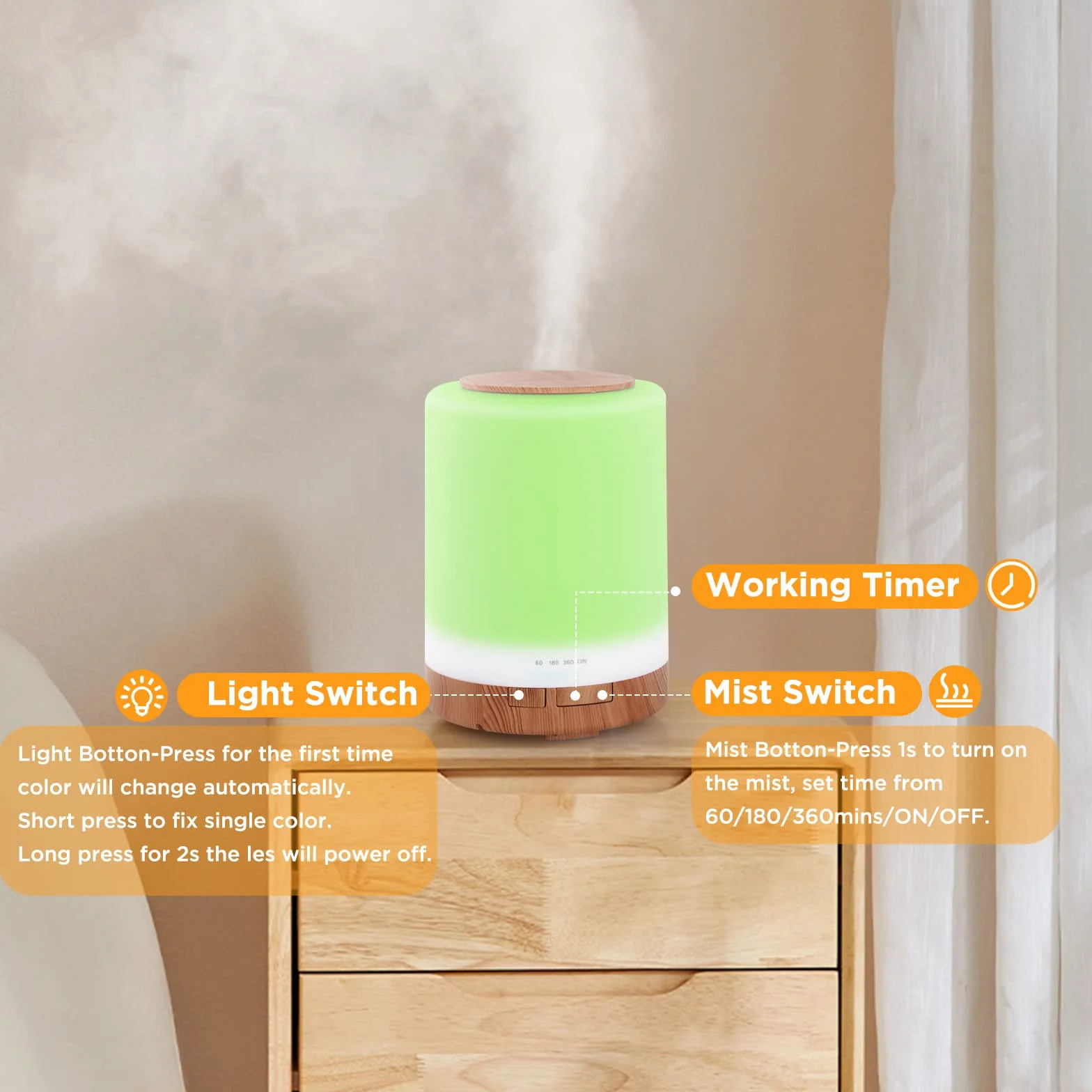 WD&CD Diffusore di Aromi, 300ml Umidificatore Ultrasuoni con Telecomando/7 LED Colori/Spegnimento Automatico, Diffusore di Oli Essenziali per Spa,Yoga,Camera da Letto - Venatura del Legno Chiaro