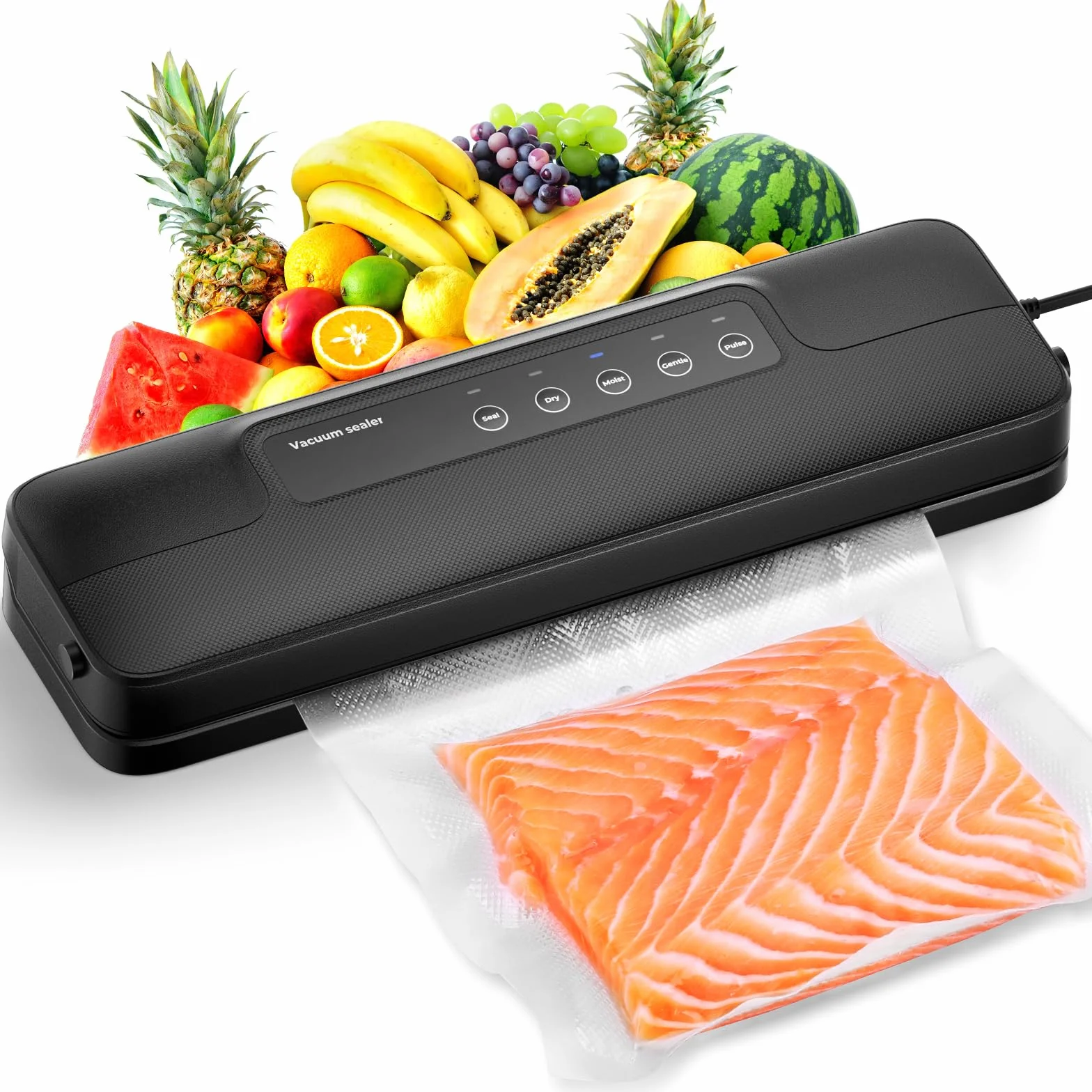 Macchina Sottovuoto Alimenti 5 in 1, Automatica Sigillatore Sottovuoto Macchina per Alimenti Secchi che Umidi, con 10 Sachetti Sottovuoto e Tubo Sottovuoto, Nero