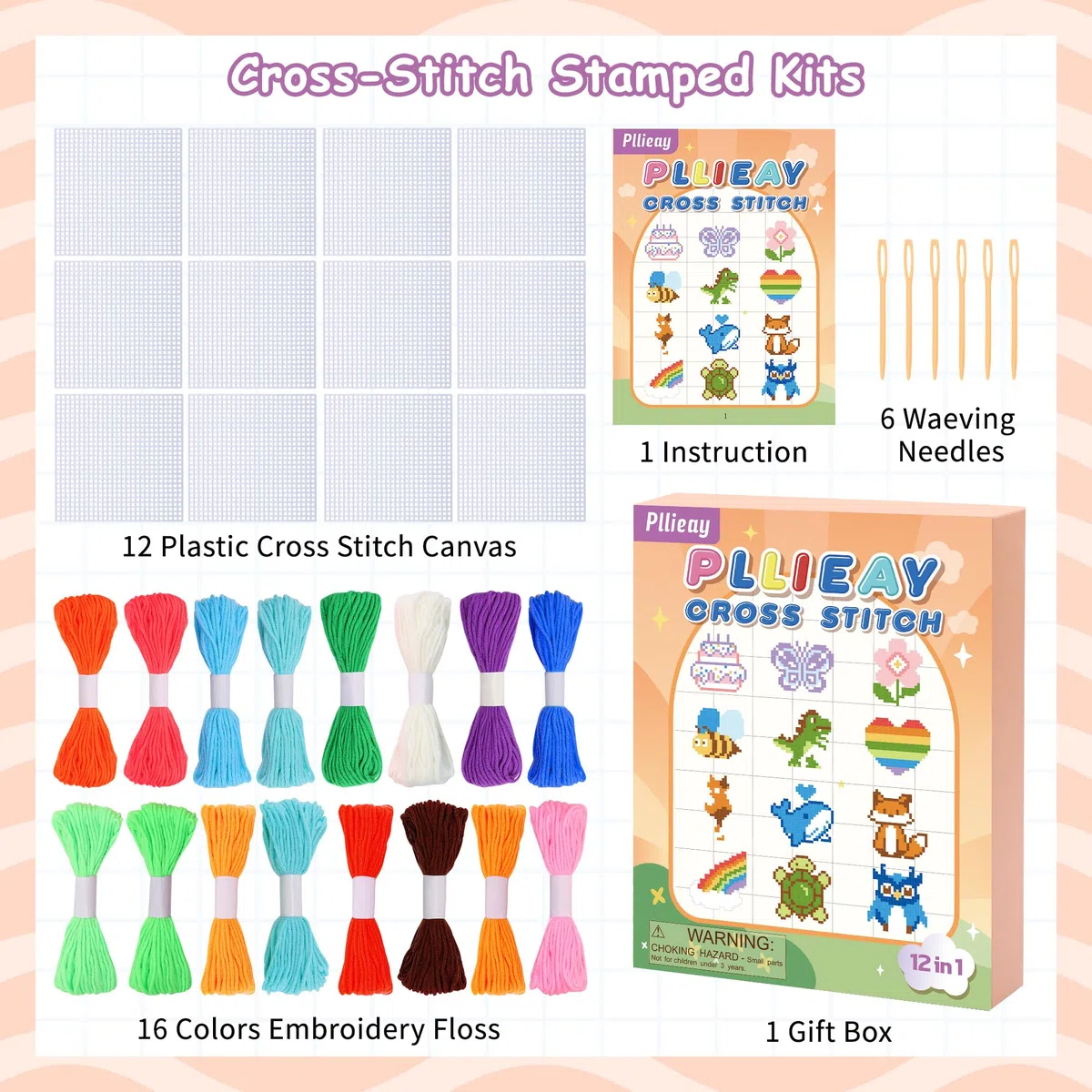 Pllieay Punto Croce Bambini 12-in-1 per Bambini, Kit di Ricamo Include 12 Pezzi di Tela in Plastica Vuota, 16 Fili, 6 Aghi da Ricamo, Kit Punto Croce per Principianti con Istruzion Set Punto Croce