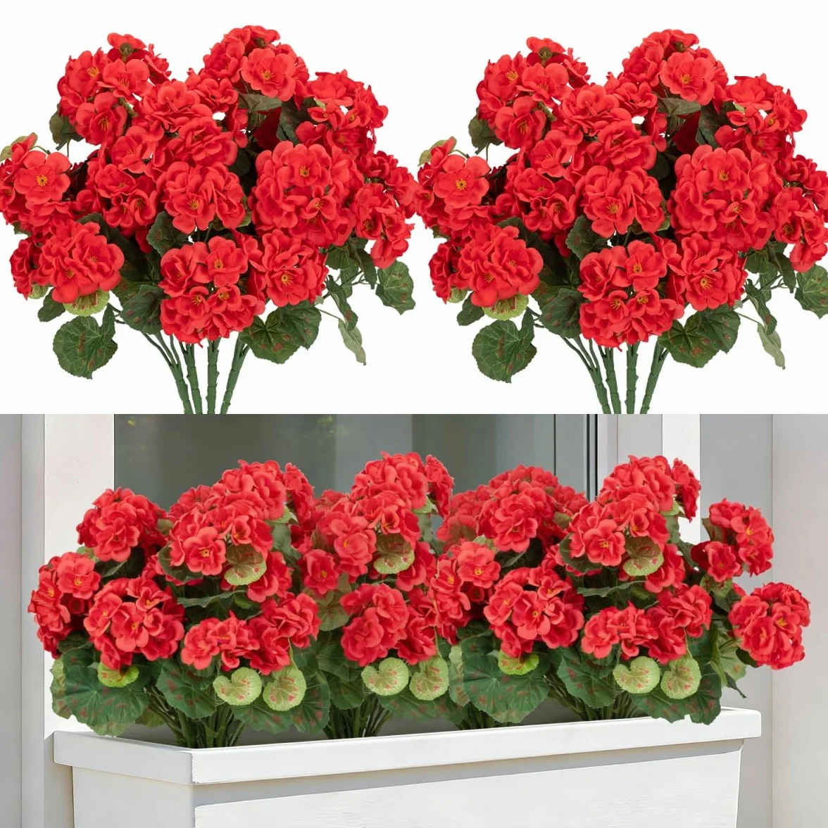 Laelfe 4 Pcs Gerani Rossi Finti da Esterno, Fiori Finti Artificiali Geranio per Esterno Balcone Patio Cimitero Sospensione di Fioriere Decorazione per Tavolo (Rosso-4 Pcs)