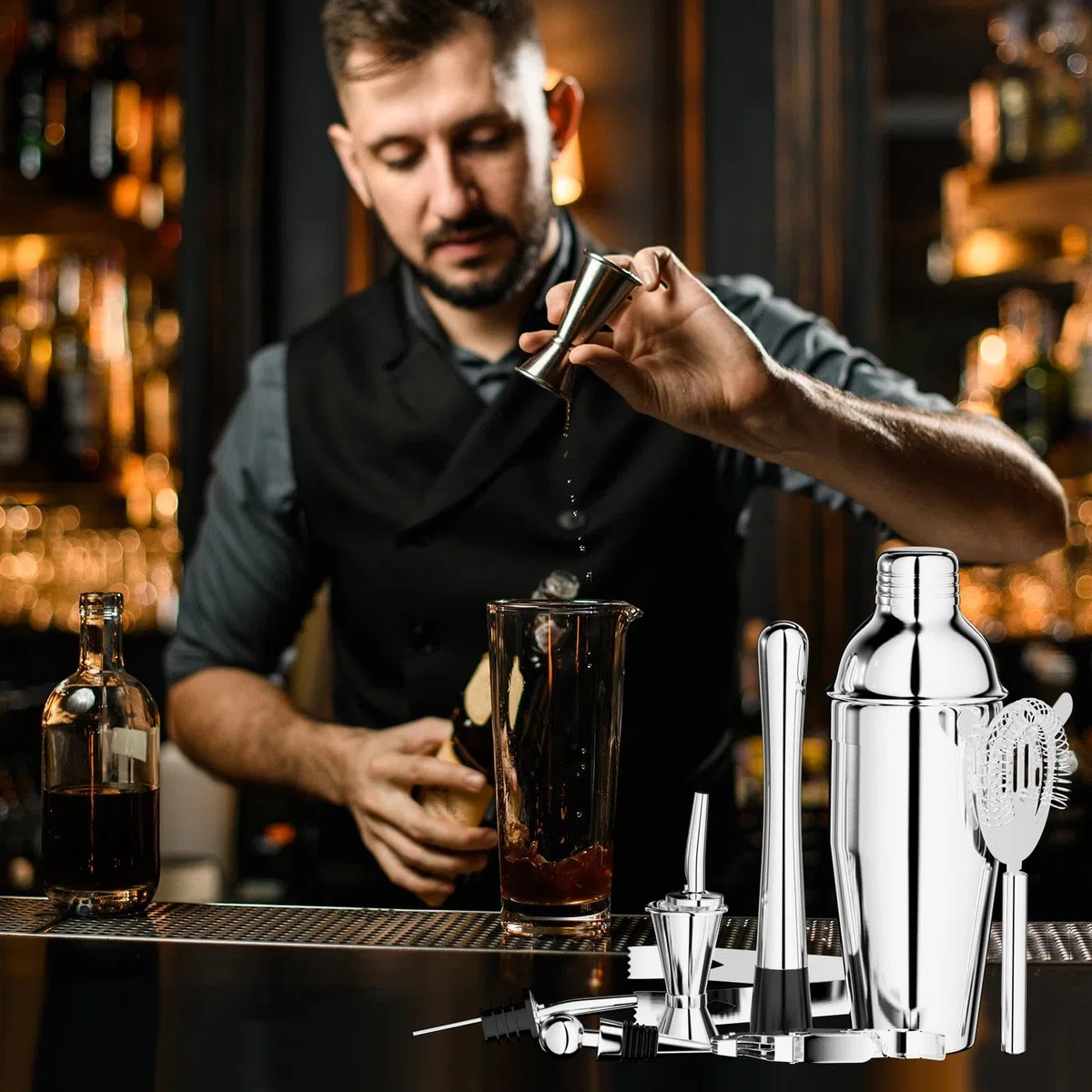 Chiluxendo Shaker, Attrezzi Misurino per Cocktail Kit Barman Professionale, Attrezzatura Shaker Cocktail set Accessori Bar Completo, Coctail Bartender Dosatore Cocktail Metal Pour Bevande