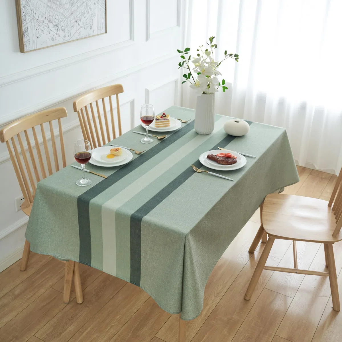 Tovaglia Righe Moderna 240x140 Tovaglia Rettangolare Verde Lino Vintage Tavolo da Giardino per Esterni Copritavolo da Cucina Resistente alle Intemperie per Primavera Autunno Compleanno