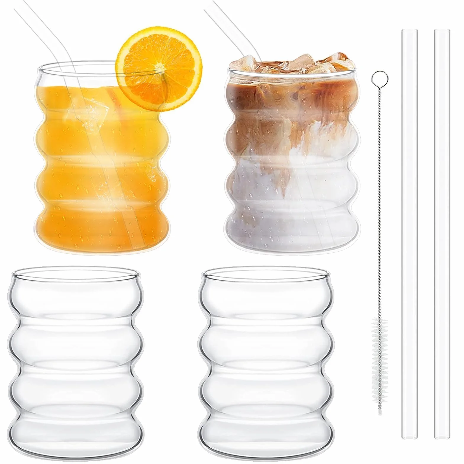 350ml Bicchieri Della Bolla con la Paglia,Set di bicchieri a Coste 4pcs,bicchieri Dell'Onda Tumbler di Vetro,Bicchieri Dell'Acqua per Il Latte Macchiato Caffè Freddo Whisky Cocktail Caffè Soda (B)