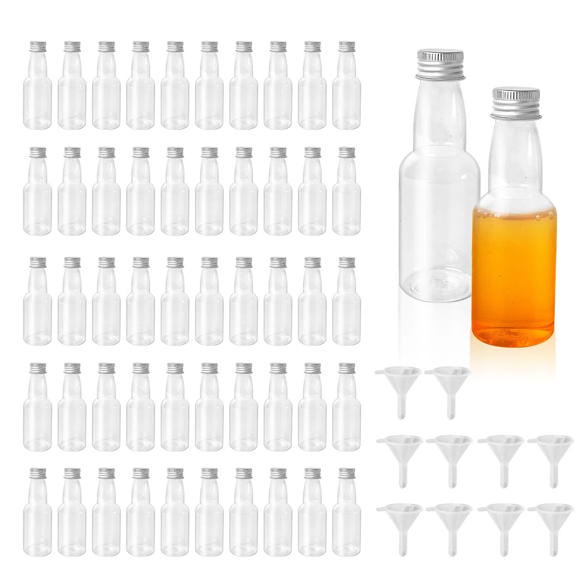 Confezione da 50 mini bottiglie per liquore, 60 ml di plastica con tappo a vite, riutilizzabili piccole bottiglie di liquore per matrimoni, feste, viaggi