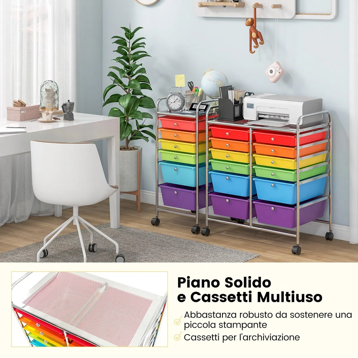 COSTWAY Carrello con 12 Cassetti con Ruote, Carrello di Stoccaggio Multiuso con Ampio Spazio di Archiviazione, Ideale per Casa Ufficio Domestico, 73,5 x 37 x 63 cm (Colorato)