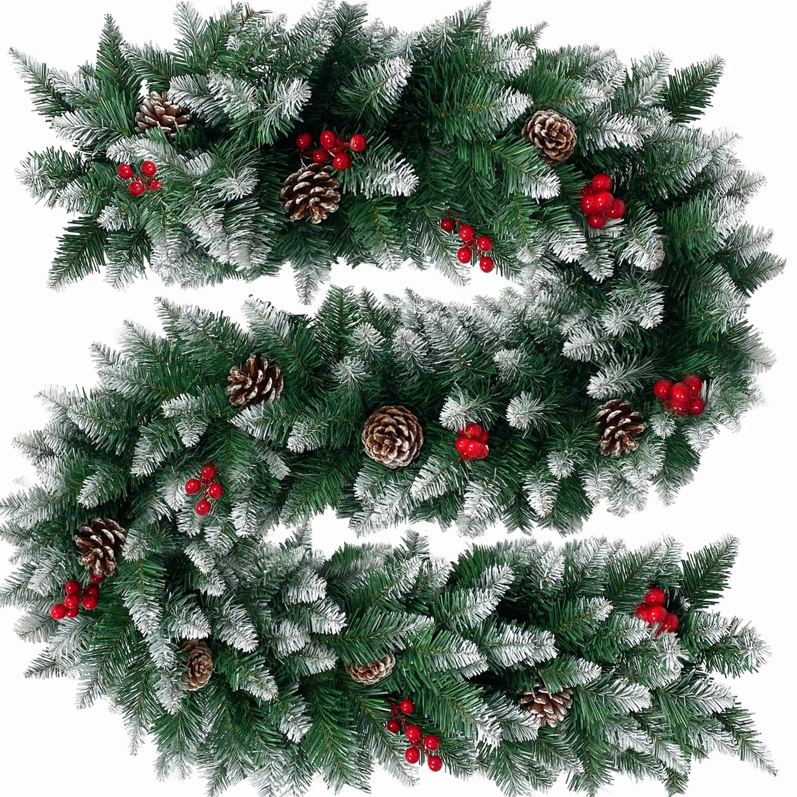 DATEFUN Ghirlanda di Natale Artificiale, 2.7m Ghirlanda di Abete Verde del PVC con Pigne, Decorazioni Natalizie Allaperto dellinterno per Camino, Scala, Finestre, Festa di Natale (270 Rami)