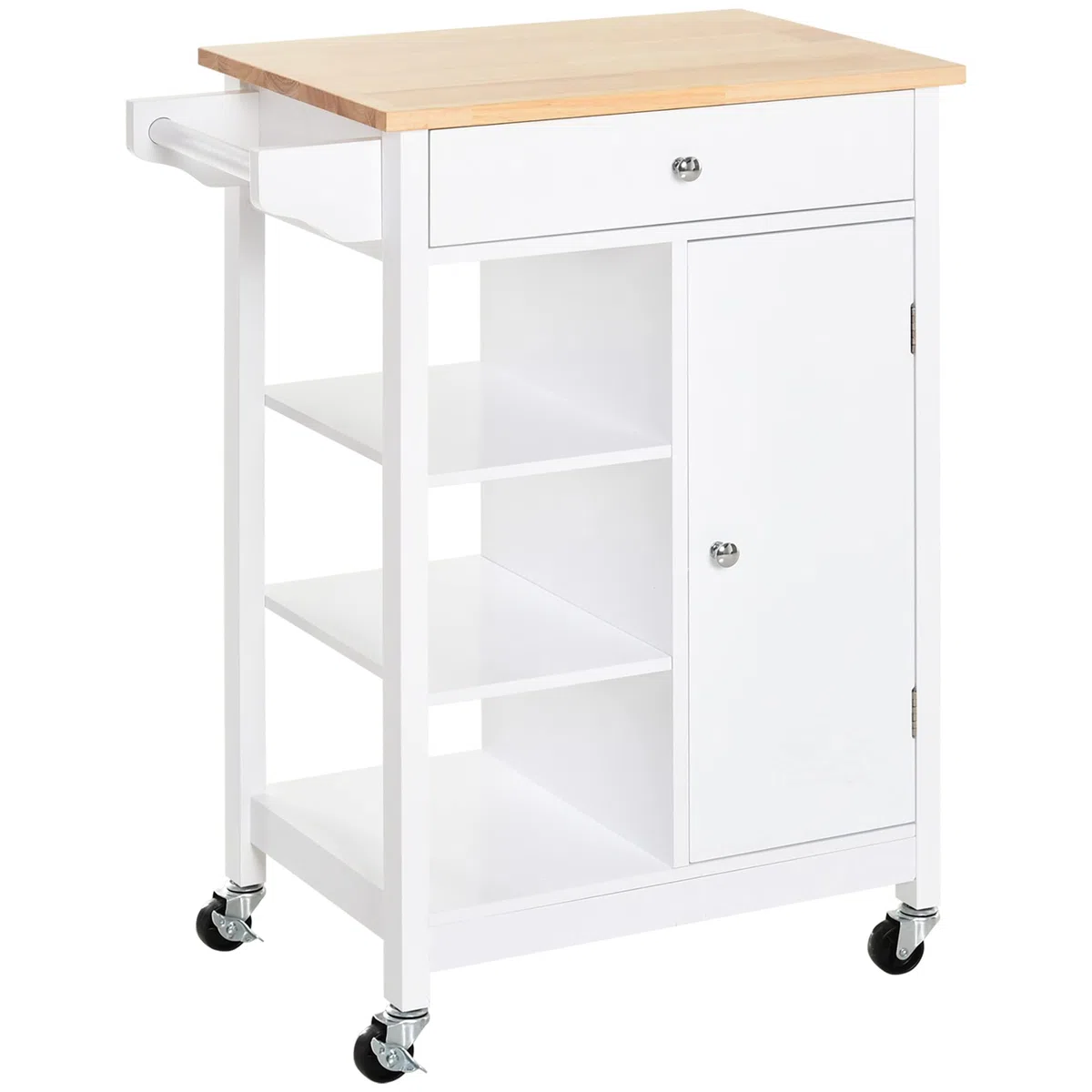 HOMCOM Carrello da Cucina Salvaspazio in MDF con Piano di Lavoro in Legno di Gomma, Cassetto, Armadietto, 3 Mensole, Ripiani Regolabili, Porta Strofinacci e Ruote Girevole, 66x39.5x86.5cm, Bianco