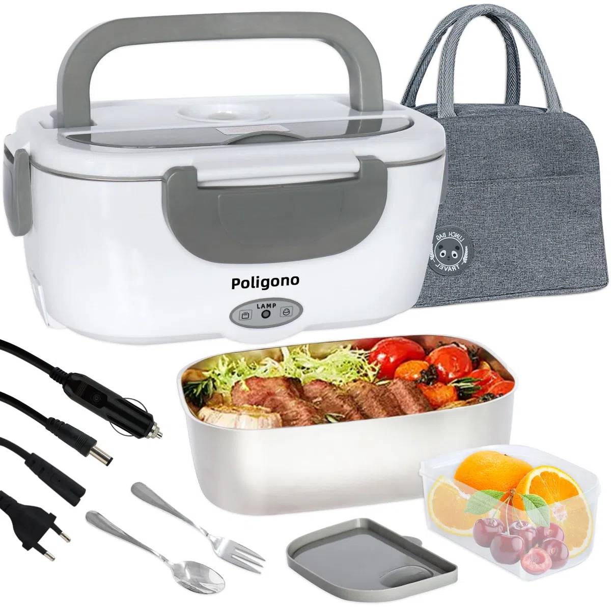 Poligono Scaldavivande Elettrico Portatile con Borsa Termica, Lunch Box 1.5L Portavivande Termico Elettronico Portatile in Acciaio Inox, Porta Pranzo da Ufficio e Auto(55W 220V), Grigio