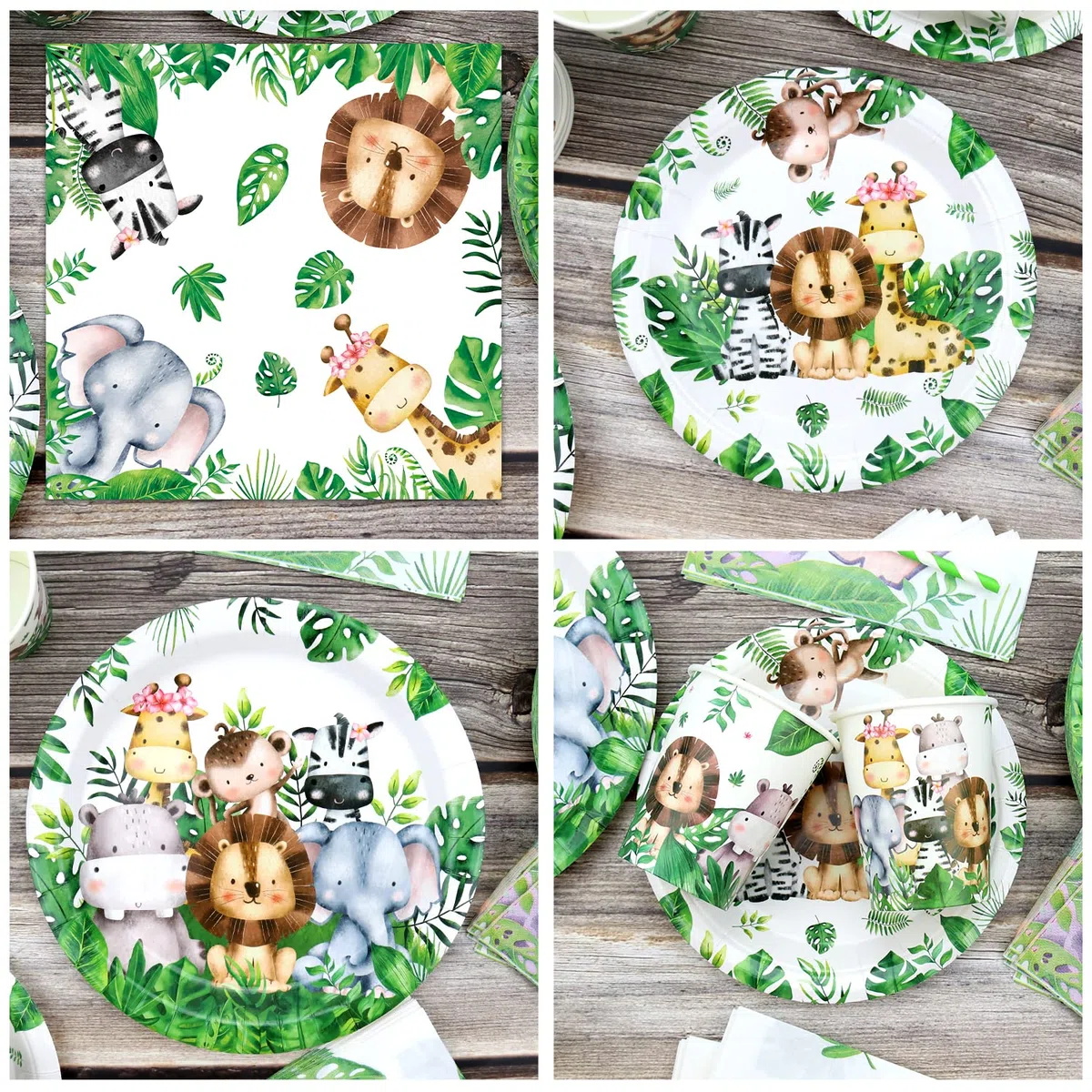 Safari Jungle Birthday Tableware Set - Decorazioni per il primo compleanno degli animali selvatici - 40 piatti piani, 40 bicchieri, 40 tovaglioli