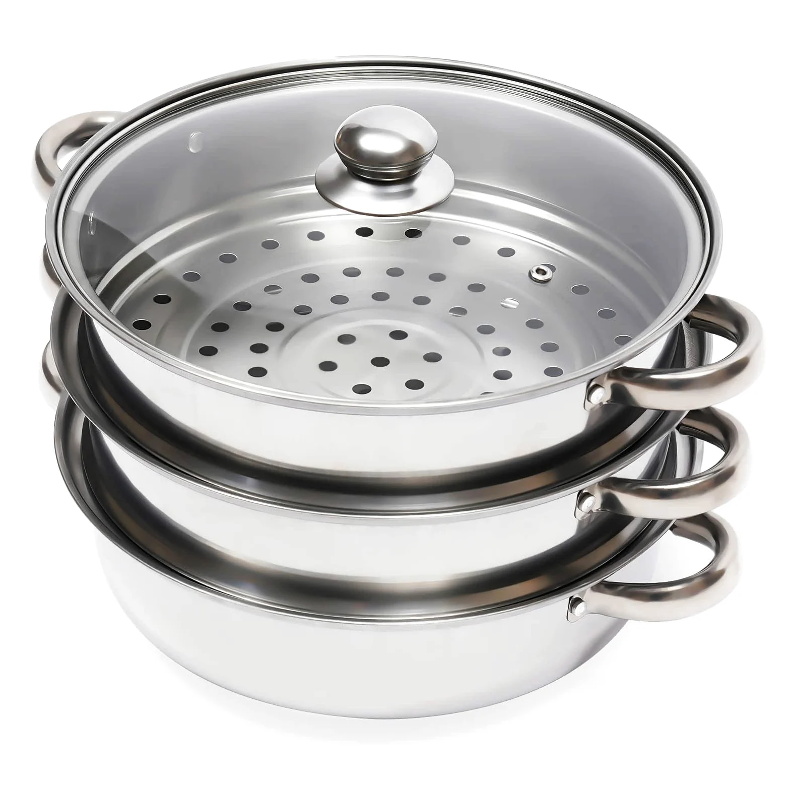 Set di pentole a vapore in acciaio inox a 3 ripiani, adatte a induzione, con coperchio in vetro e 3 strati, 28 cm, per verdure/carne/riso, fornello a vapore multifunzione