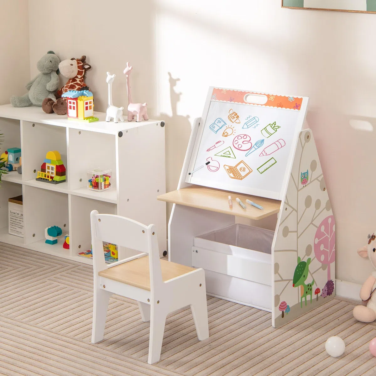 LIFEZEAL Tavolino Bambini con Sedie, Tavolino con Libreria, Lavagna Doppio Faccia e Contenitore Pieghevole per Giochi, Tavolo Multiattivita e Sedia per Cameretta, Tavolo per Bimbi 3-6 Anni (bianco)