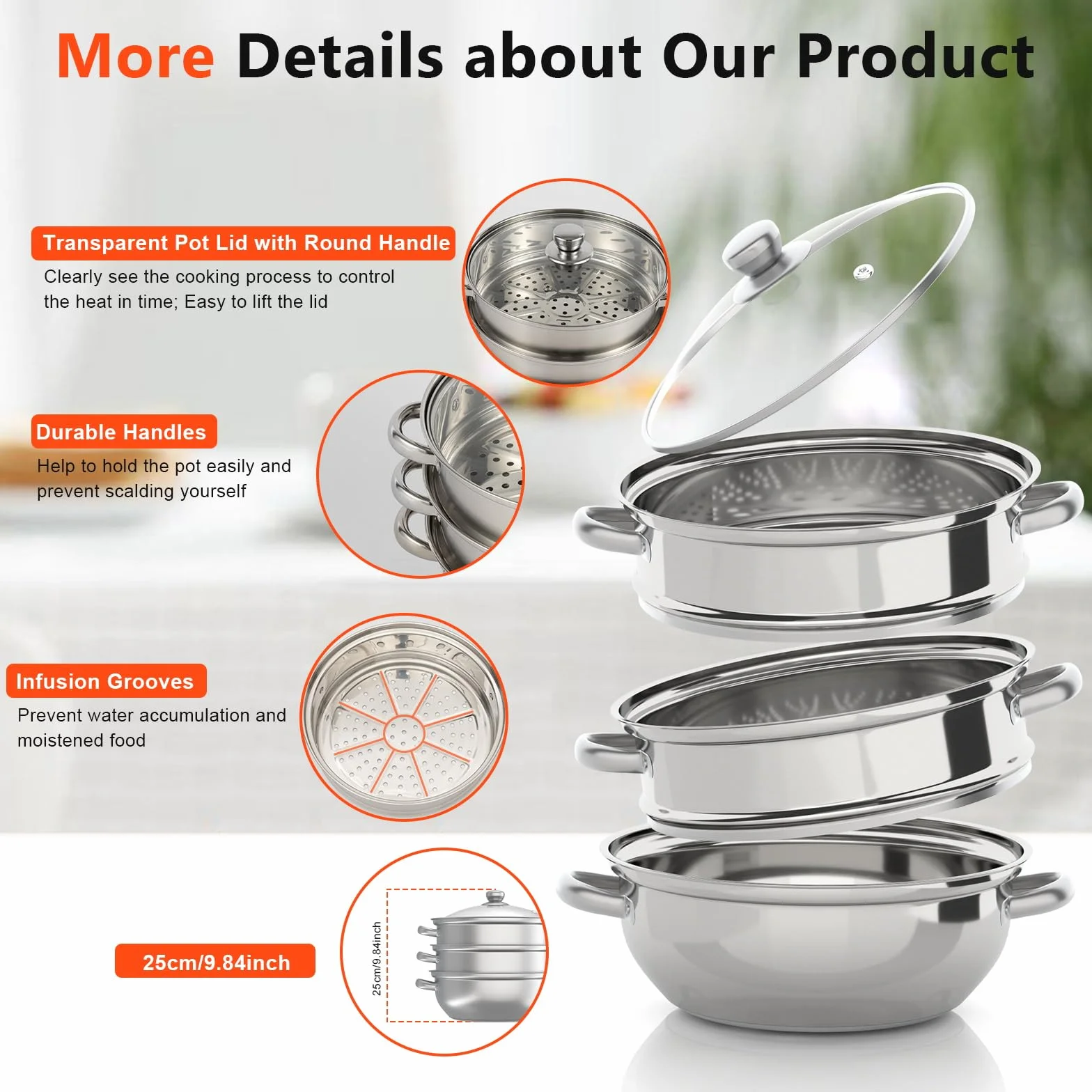 Steamer a 3 strati da 28 cm, pentola a vapore con manici Steamery, vaporiera impilabile con coperchio in vetro per la casa, pentola per cucinare a vapore in acciaio inox per gas, elettrico, induzione