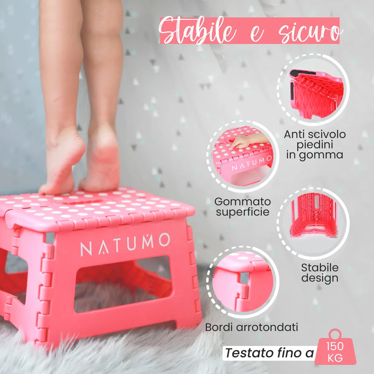 NATUMO® - Sgabello pieghevole di alta qualità, portata 150 kg, per cucina, bagno, giardino, per bambini e adulti
