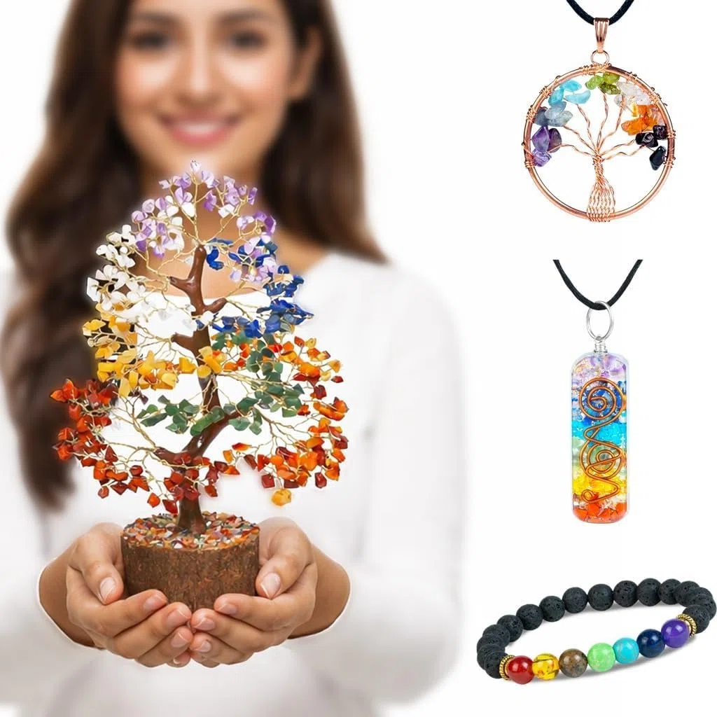 Crocon Albero della Vita con 7 chakra, braccialetto e 2 ciondoli in cristalli un pietre curative idea regalo per donne decor per la casa regali di compleanno per donne, regalo donna, mamma e sorella