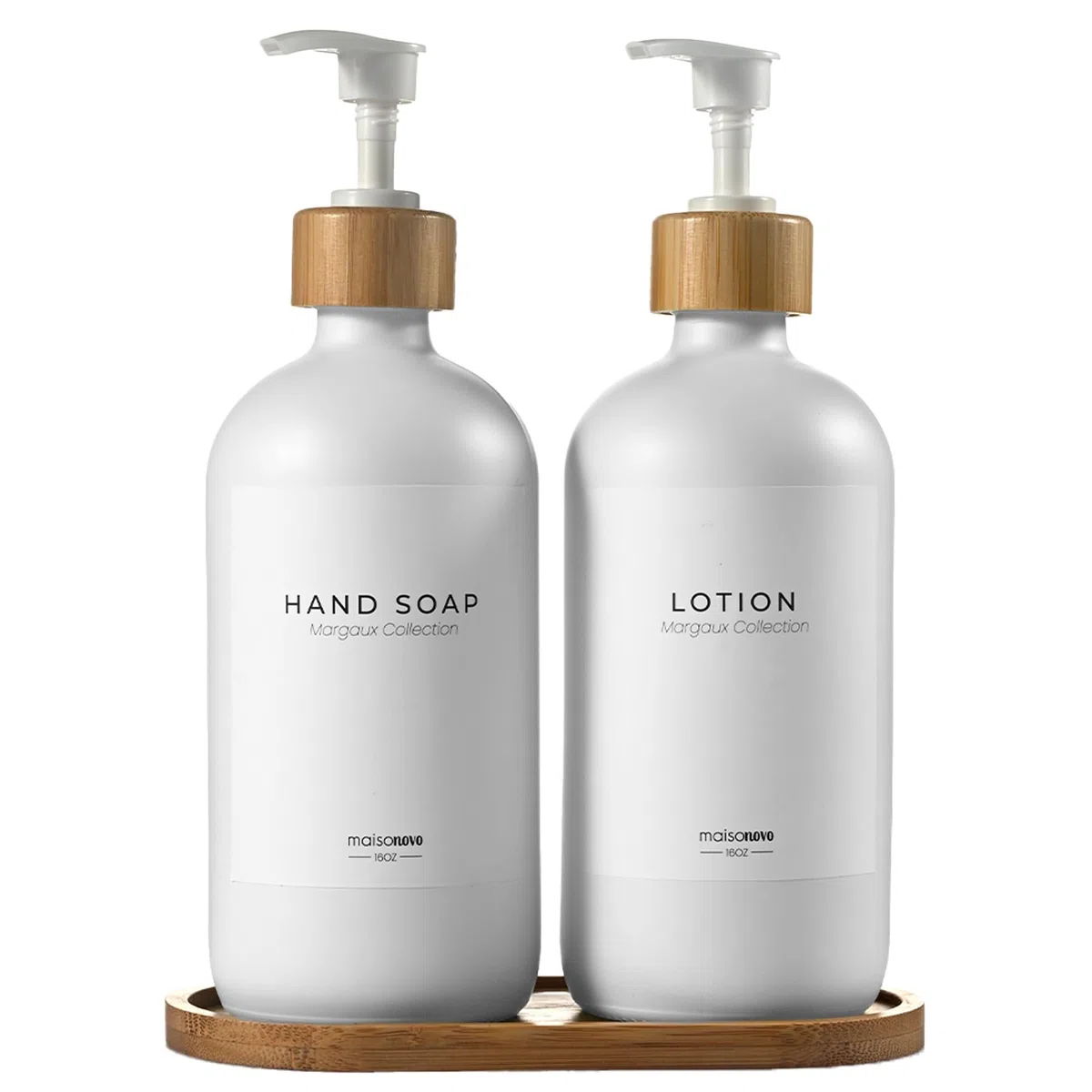 MaisoNovo Dispenser di sapone da bagno Set da 2 pezzi - Dispenser di sapone per le mani da 500 ml - Bottiglie di bambù bianche - Pompa in acciaio inossidabile con vassoio di bambù