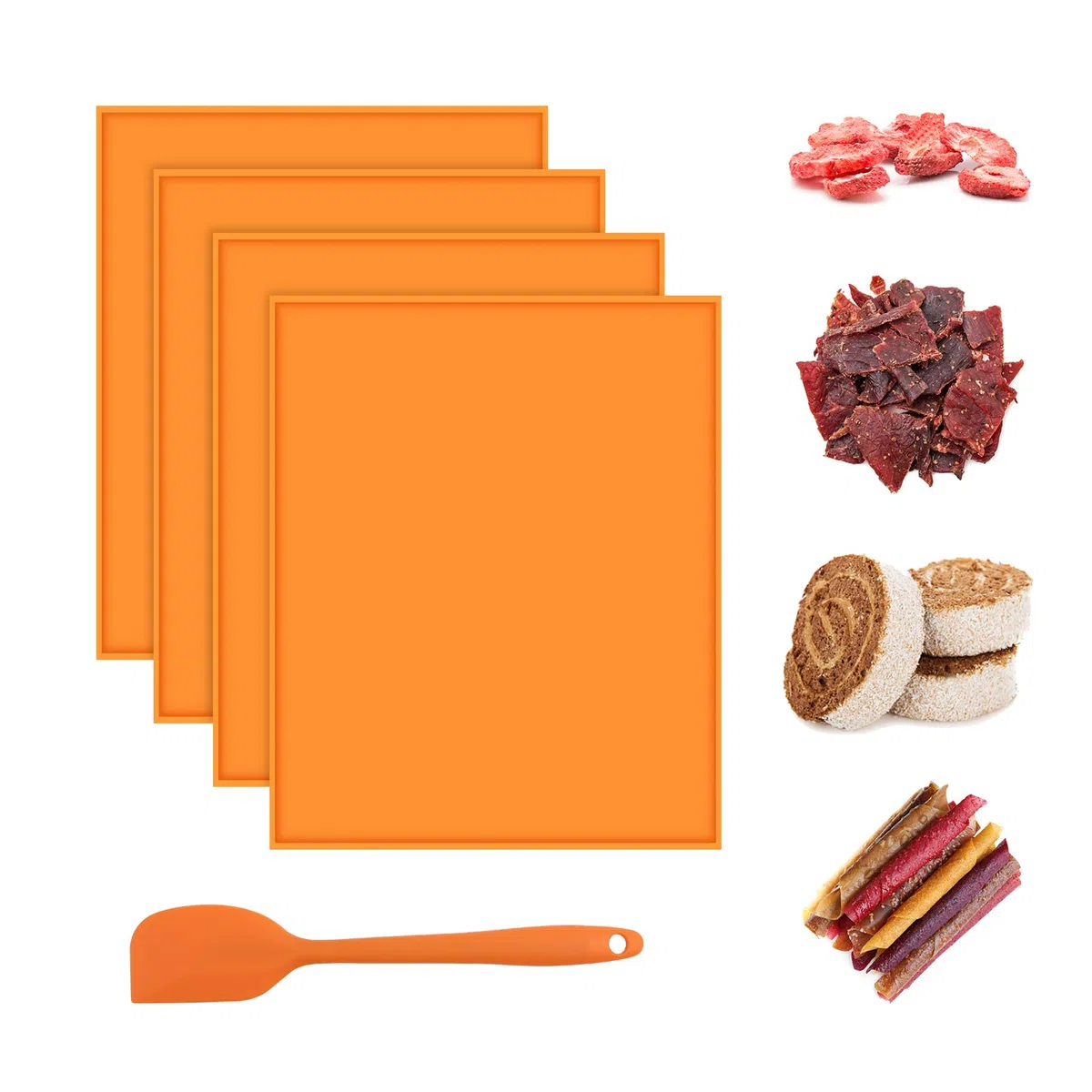 4 Pezzi Fogli Disidratatore in Silicone, Tappetini Disidratatore per Alimenti Rriutilizzabili Antiaderenti, Cottura a Vapore Stuoia per Essiccatore di Frutta Quadrati con Raschietto (Arancia)