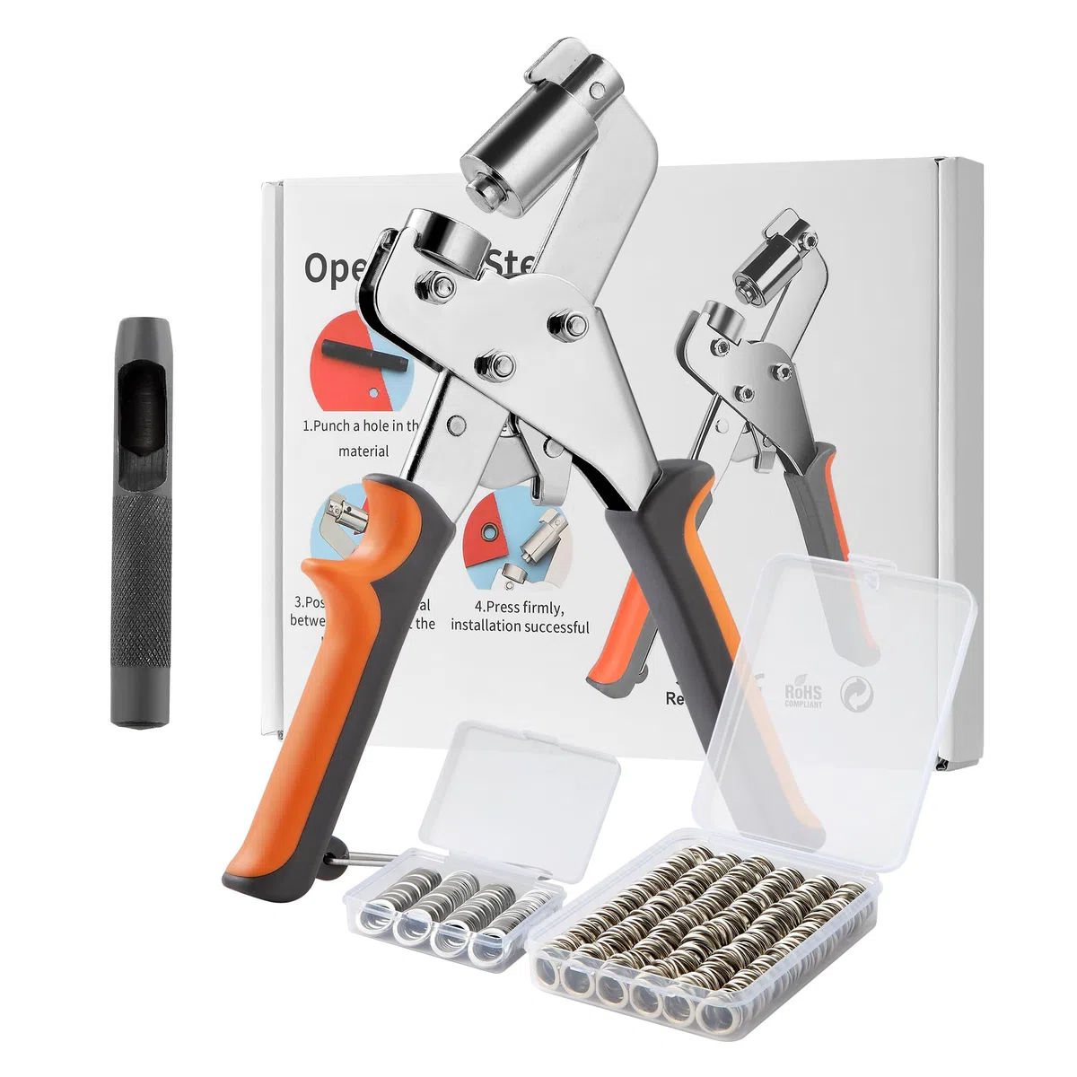 Pinza occhiellatrice manuale set con 1 Pinza per occhielli metallici, 1 punzone in acciaio, 300 paia di occhielli per teloni e rondelle, per tessuti, pelle, jeans e occhielli per tessuti
