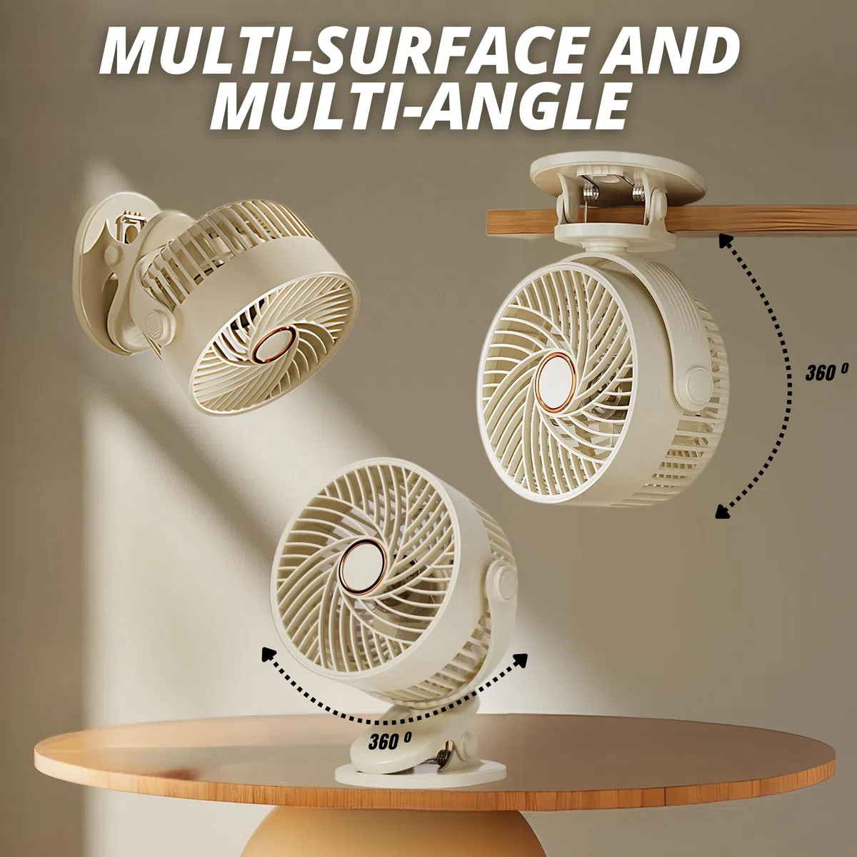 MAGIC SELECT Ventilatore con Clip, con 5 Velocità. Ventilatore da Tavolo Silenzioso, con Luce. Multisuperficie. Ruota di 360º. Batteria a Lunga Durata. USB-C, Cavo di Ricarica Incluso.