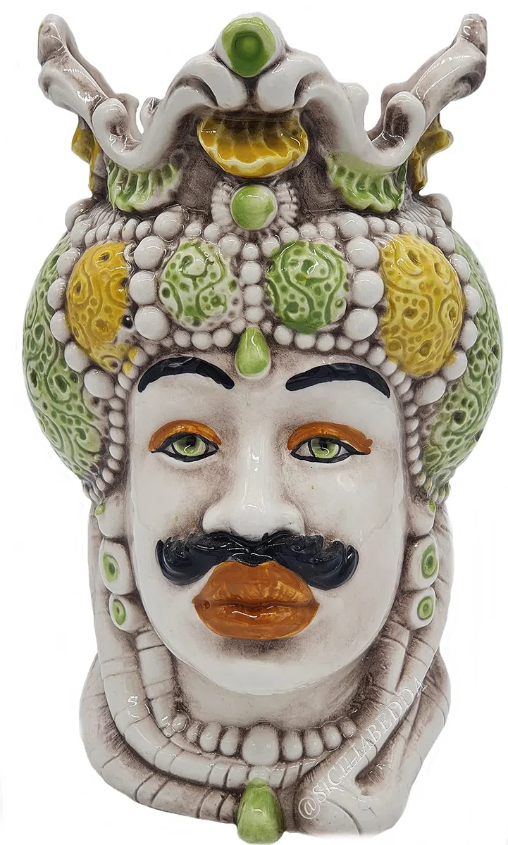 sicilia bedda - Teste di Moro Siciliane in Ceramica di Caltagirone - Realizzato Interamente a Mano - Altezza 18 Centimetri (Testa di Moro Uomo Verde)