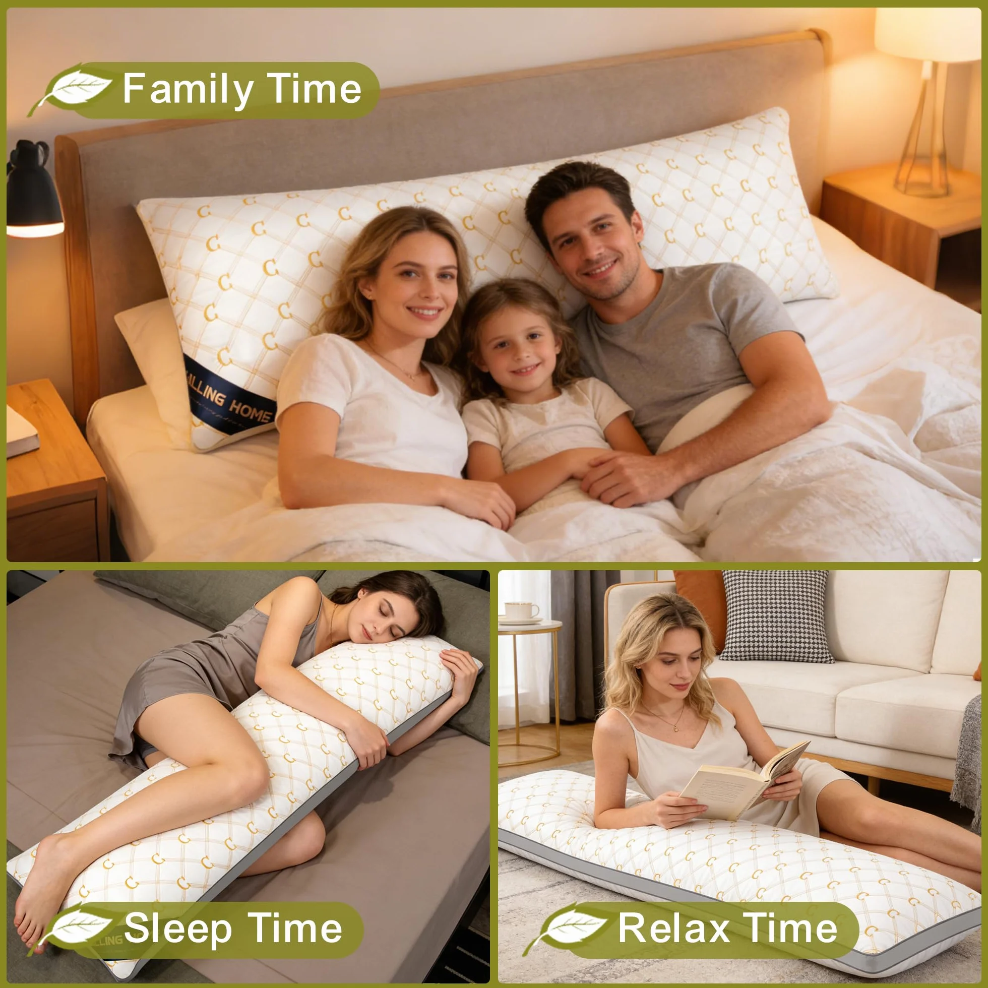Chilling Home Cuscino per chi dorme sul fianco, con rivestimento ricamato, per gravidanza, cuscino lungo per chi dorme sul fianco (bianco-oro)