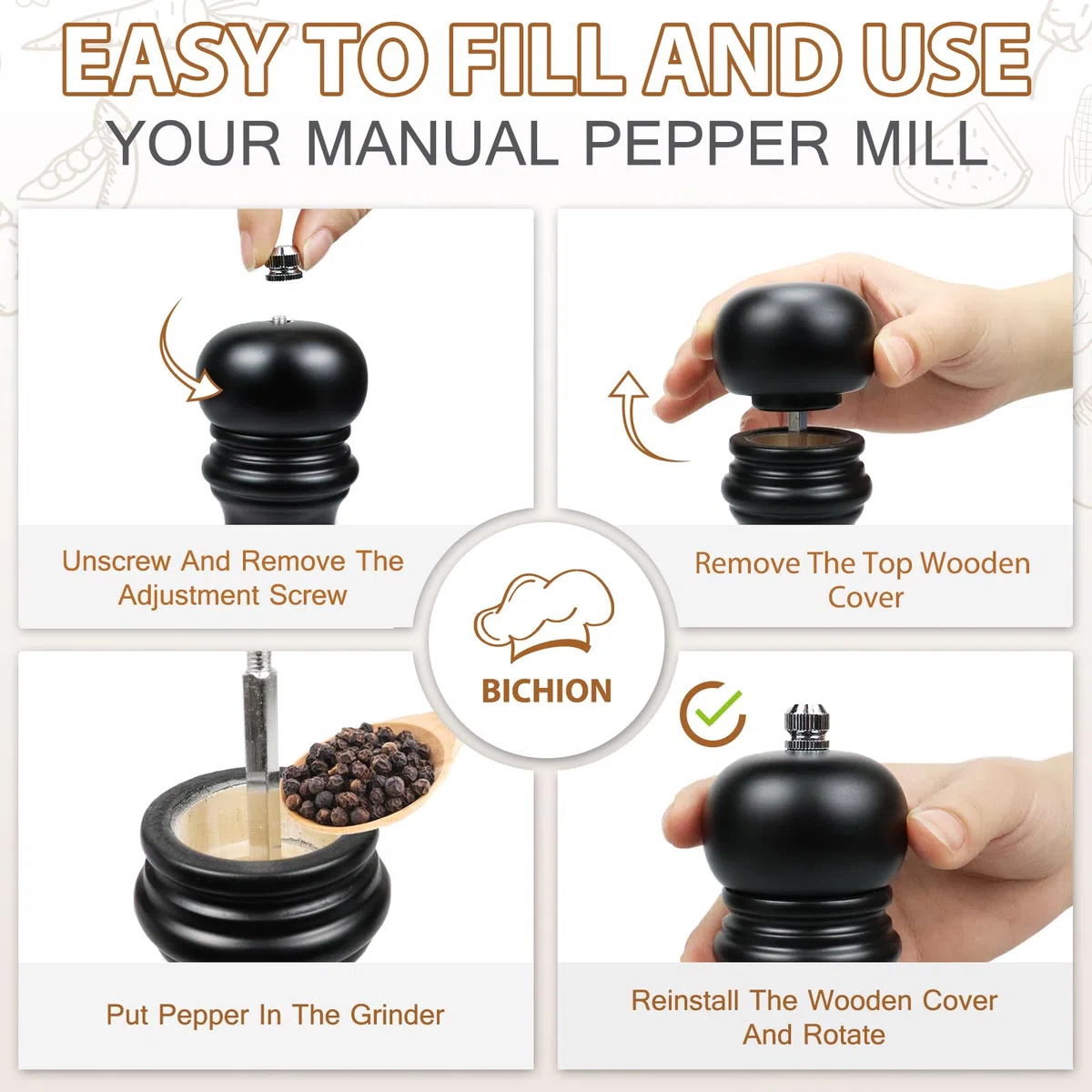 Macina Sale e Pepe Manuale, Macinapepe e Macinasale in Legno, Macinino per Spezie con Macina in Ceramica Regolabile da Fine a Grossolano, 2 Pezzi, Nero + Bianco (16.5cm)