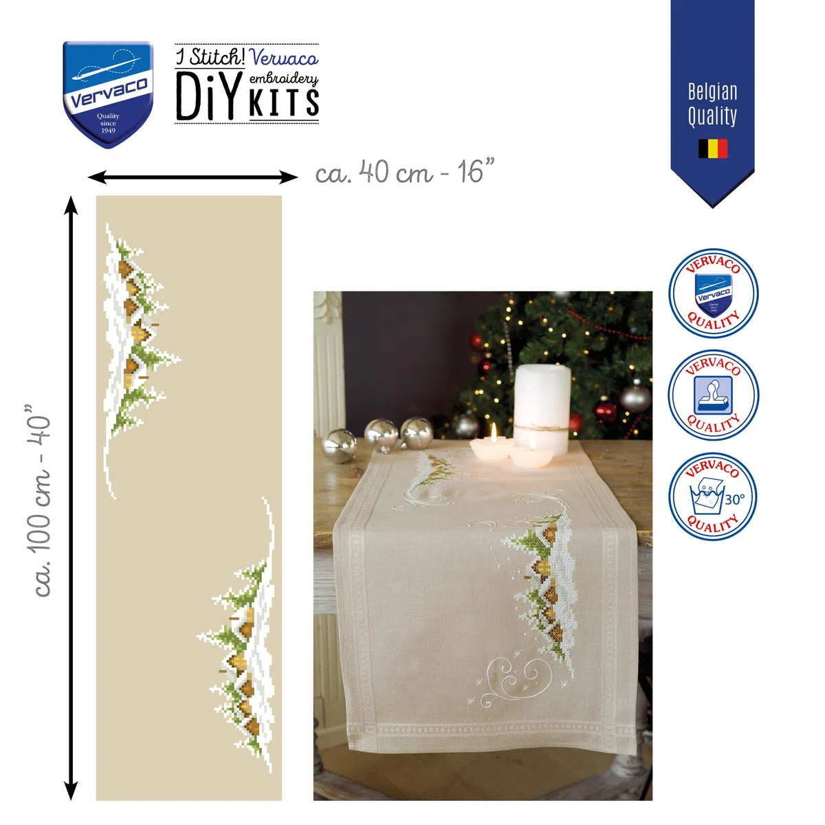 VERVACO Kit Centrotavola Ricamo Prestampato Villaggio di Neve Set Ricamo Biancheria da Tavola 40 x 100 cm Set Fai da Te Creativo Size Kit Hobby Creativi Adulti Casa Decor Embroidery Embroidery Runner
