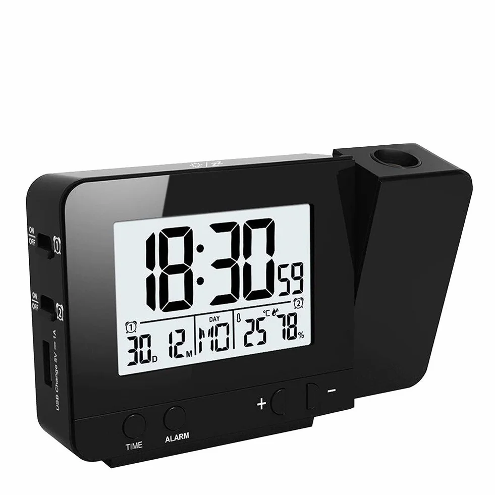 Queta Sveglia Digitale con Proiettore, Schermo a LED, Sveglia Mattutina con Schermo della Temperatura Oraria, Calendario, Suoni di Allarme, Timer Porta USB