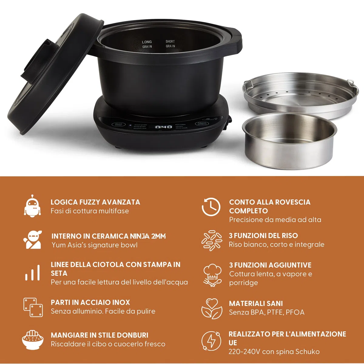 Yum Asia Kotori Mini cuociriso Donburi con logica fuzzy avanzata, ciotola in ceramica ninja (1 tazza, 0,18l), 3 funzioni di riso, 3 funzioni multicooker, indicatore LED, 220-240V (Antracite/nero)