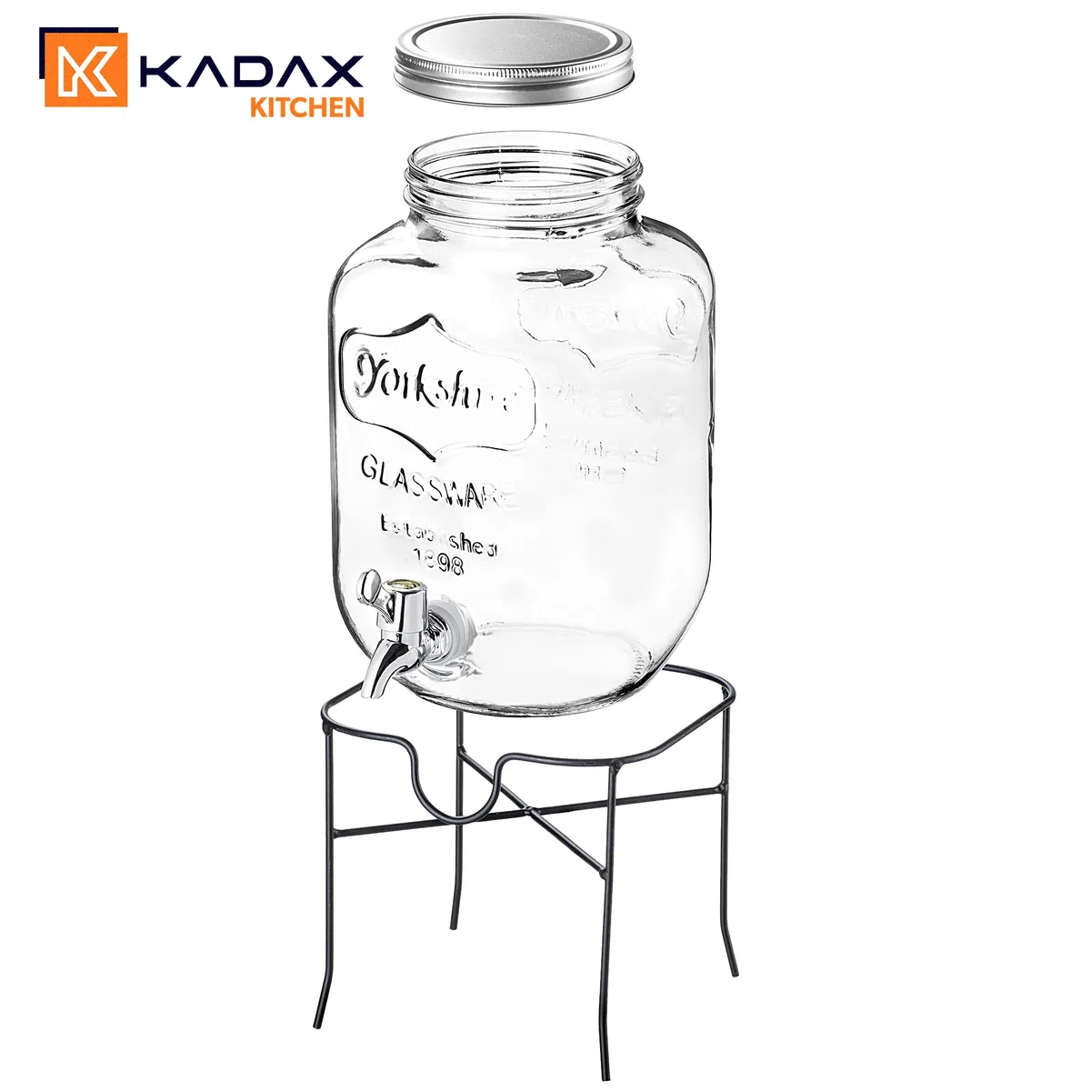 KADAX Distributore di bevande 4L con supporto, dispenser di succo in vetro, erogatore di acqua con rubinetto e coperchio, distributore di limonata, dispenser per bevande fredde (modello 3)