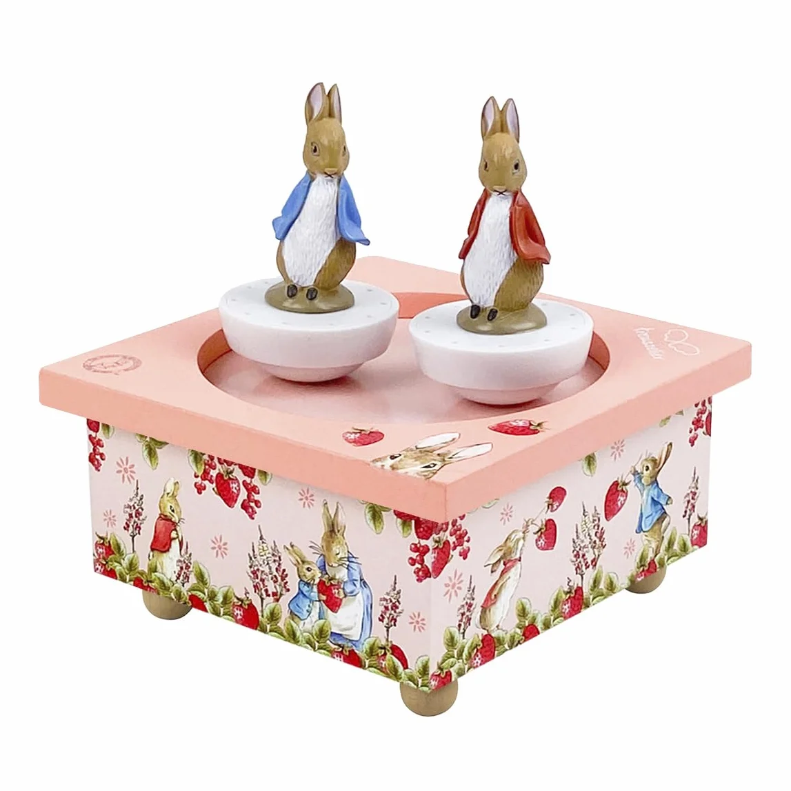 Trousselier - Pierre Coniglio Peter Rabbit Fragole - Carillon per bambini in legno - 2 figurine rimovibili - Regalo per nascita e battesimo - Musica Il Flauto Incantato Mozart