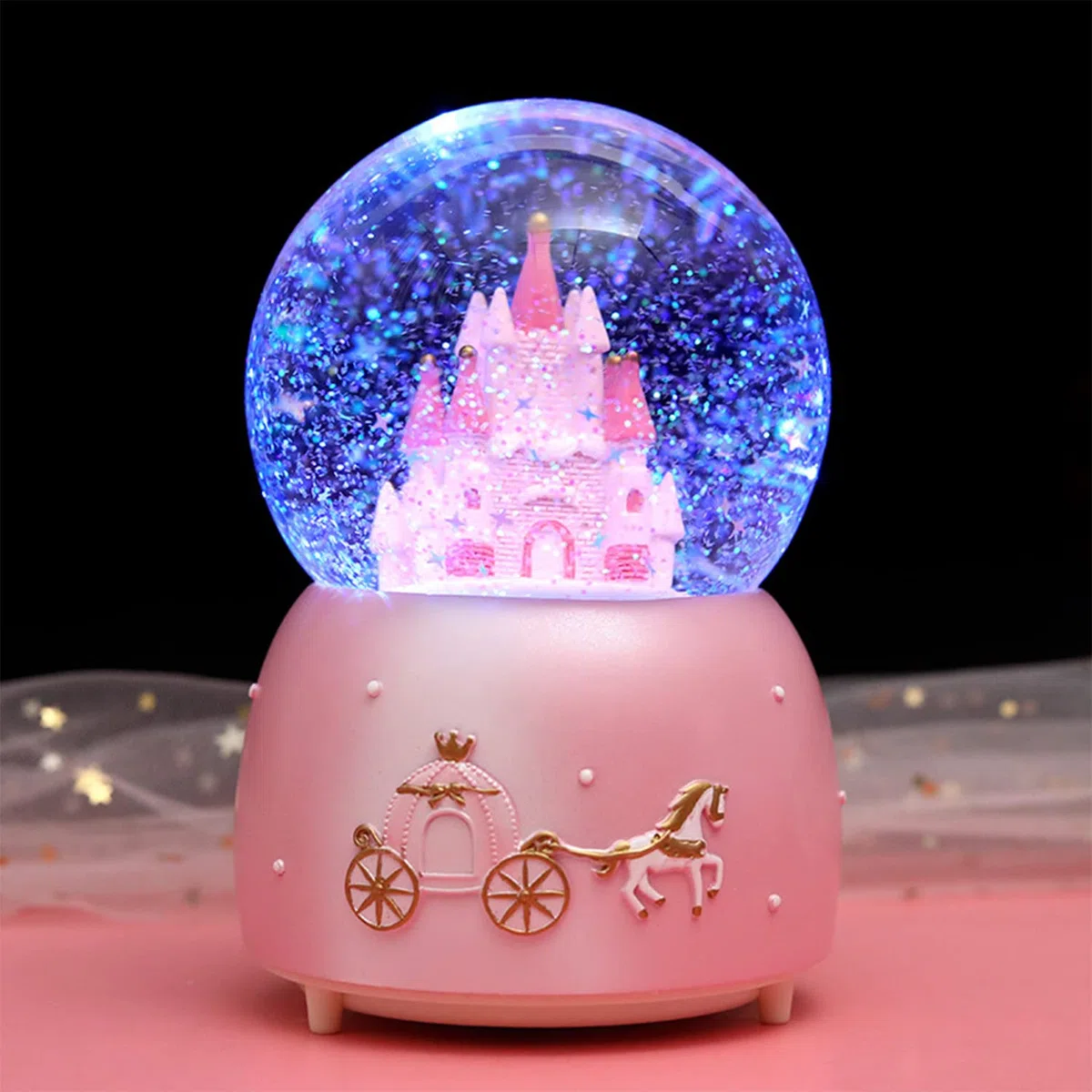Palla di neve musicale con sfera di cristallo rotante, carillon automatico con nevicata e luci colorate, palla di neve, ornamento da scrivania, regalo di Natale, Capodanno, compleanno, per bambini