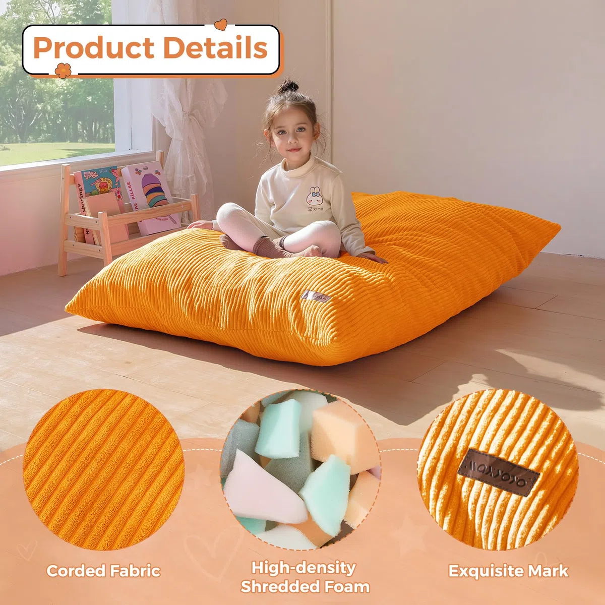 MAXYOYO Pouf da Salotto, Copertura Rimovibile in Velluto Costoluto, Pouf Letto con Imbottitura in Schiuma Morbida, Sacco Puff per Bambini Stabile Senza Struttura, Divano da Salotto