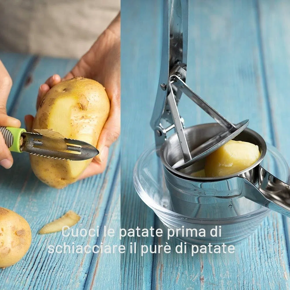 Schiacciapatate Manuale in Acciaio Inox, Professionale Potato Ricer, Pressa per Purè di Patate Liscie, Marmellata, Verdure E Frutta, con 3 colini sostituibili (Fine Medio Grossolano)