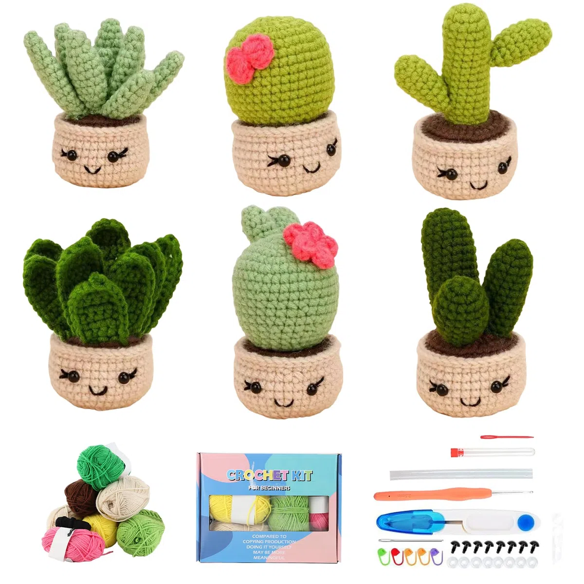 Mecmbj Kit Uncinetto Principianti, 6 Vasi per Piante di Cactus Crochet Kit, Set Uncinetto Principianti con Istruzioni Video Passo di Inglese, per Adulti e Bambini(Cactus in Vaso)