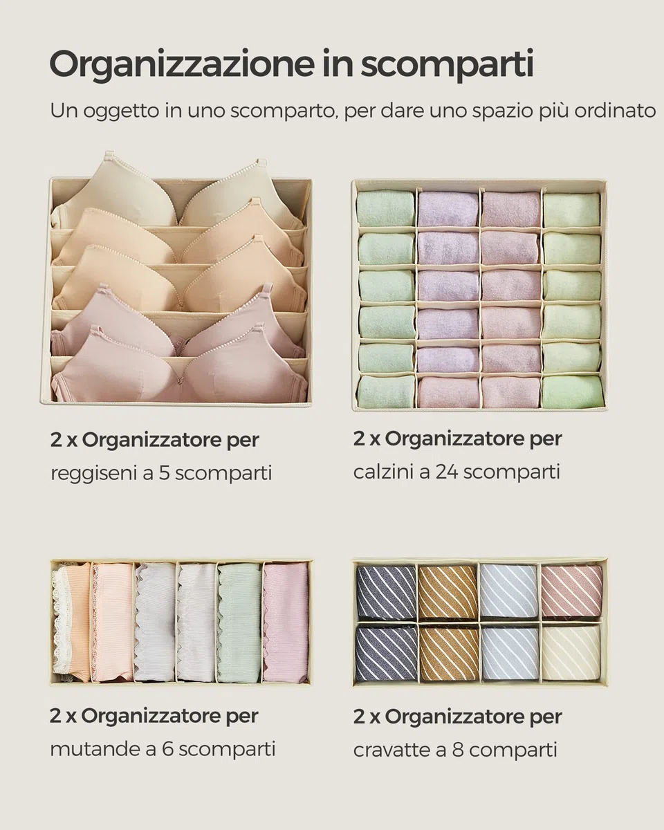 SONGMICS Set di 8 Divisori per Cassetti, Organizzatori per Biancheria Intima Pieghevole, per Reggiseni Mutande Calzini Cravatte, Scatole Portaoggetti in Tessuto per Armadio, Beige RUS008M01