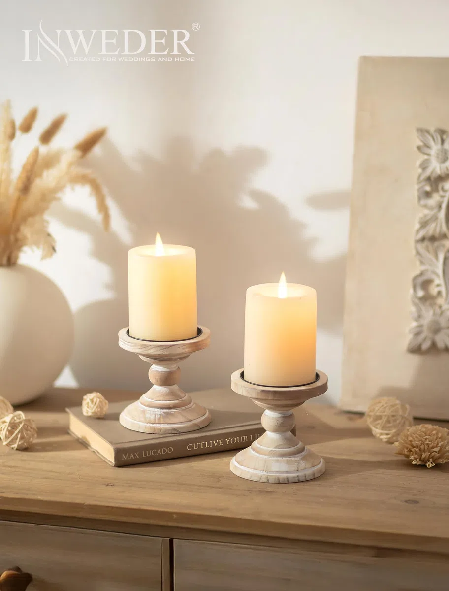 Portacandele in Legno: 2 Pezzi Porta Candele Rustici Bianchi Decorazione per La Casa Portacandele a Colonna per Centrotavola Candelabro Moderna per Camino Natale