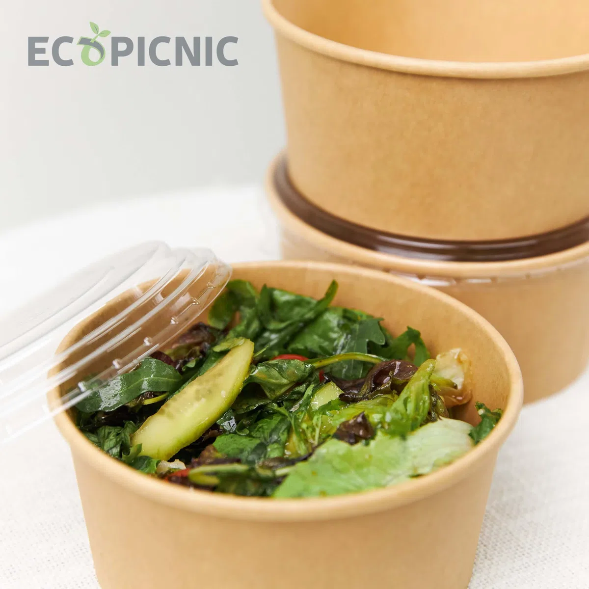 Ciotole per Insalata in Carta Kraft con Coperchio PP 500 ml - Confezione da 50 Pezzi | Contenitori Monouso Ecologici per Insalate, Poke Bowl, Cibo da Asporto