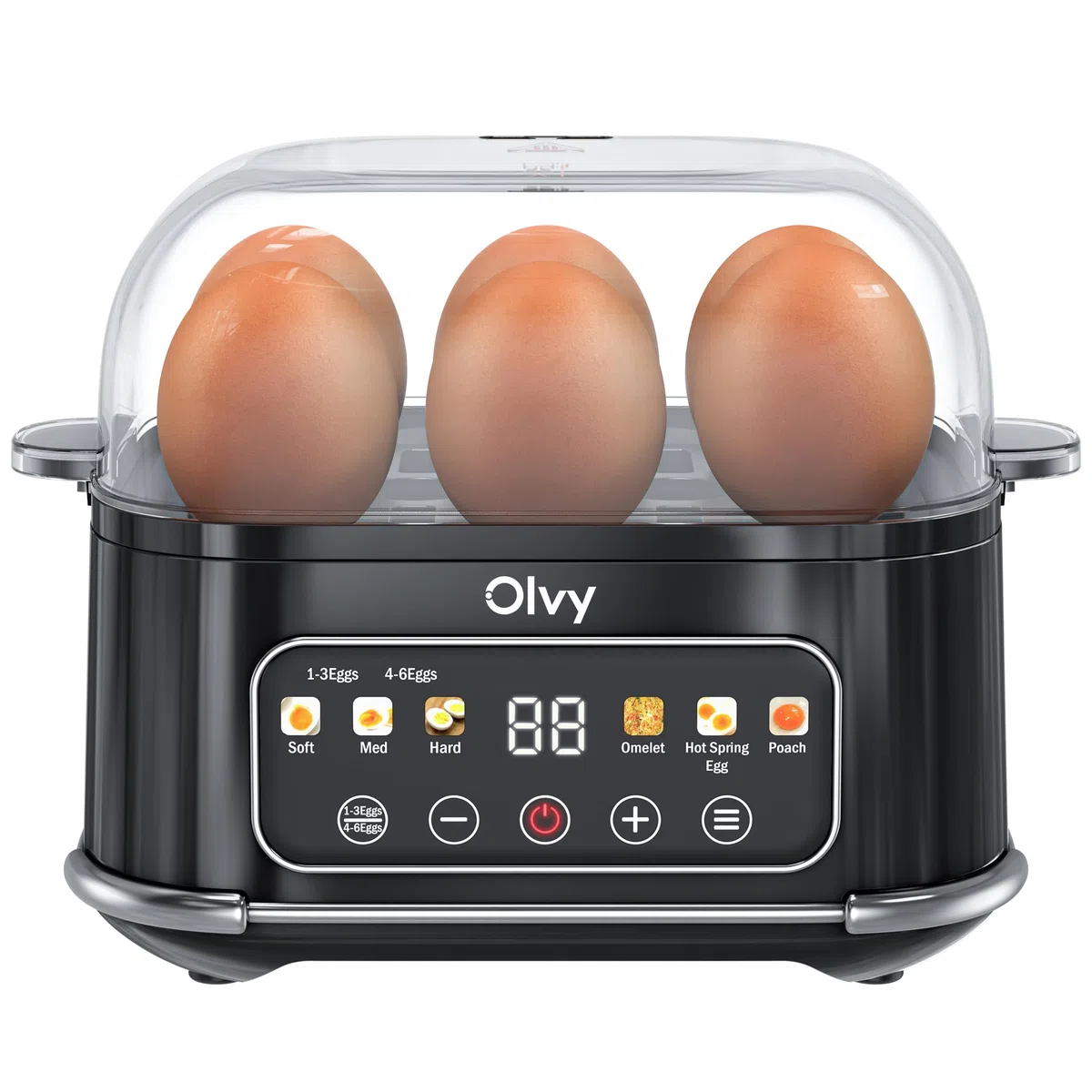 Olvy Cuociuova Elettrico 6-in-1 con Timer LCD – Bollitore per Uova Sode e Vaporiera per 6 uova – Spegnimento Automatico, Parti Lavabili in Lavastoviglie – Cuoci Uova Professionale