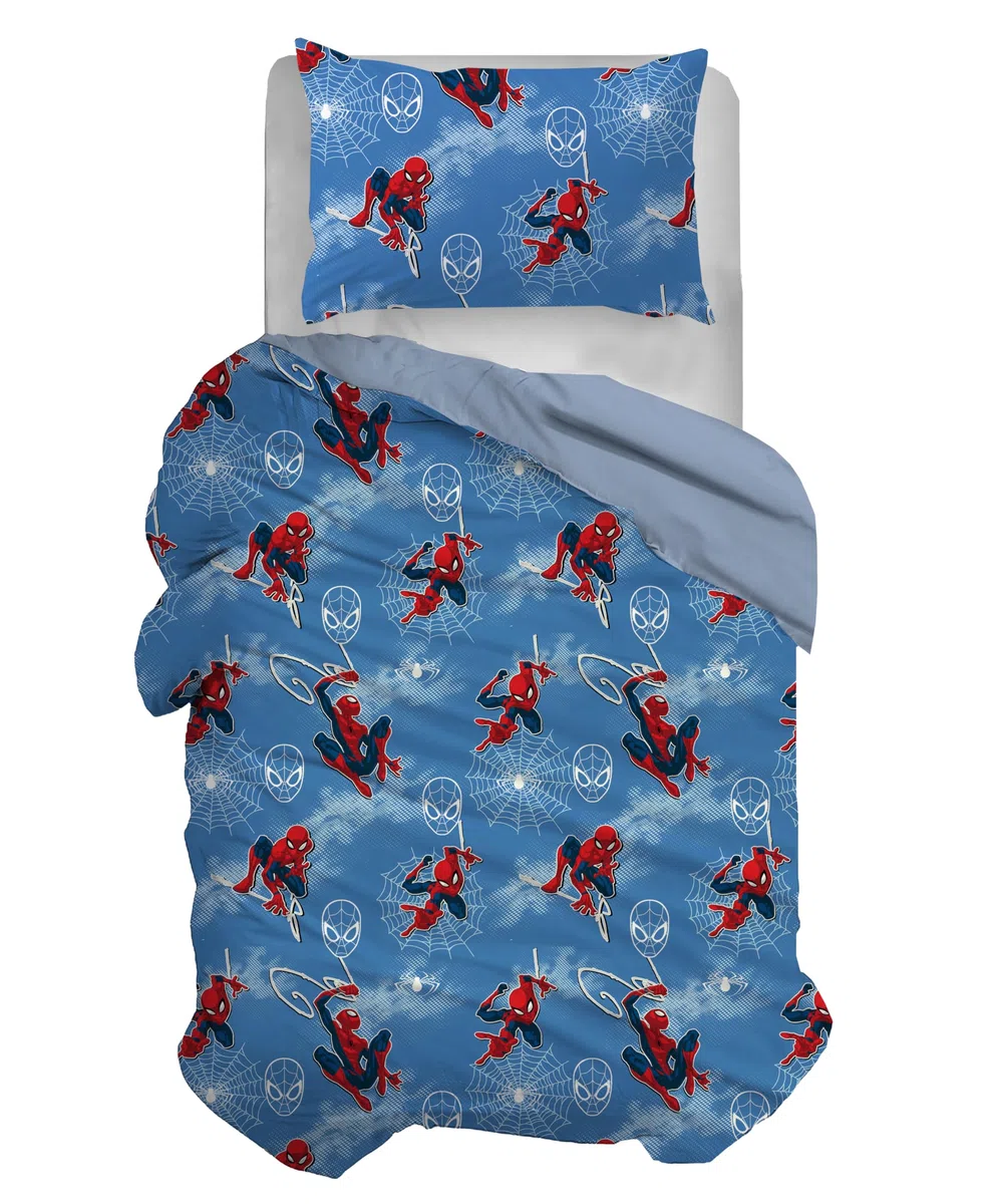 Spiderman, Set Copripiumino Singolo Cotone, Blu, Sacco 155x200, Federa 50x80, Marvel, 100% Cotone, Prodotto Ufficiale