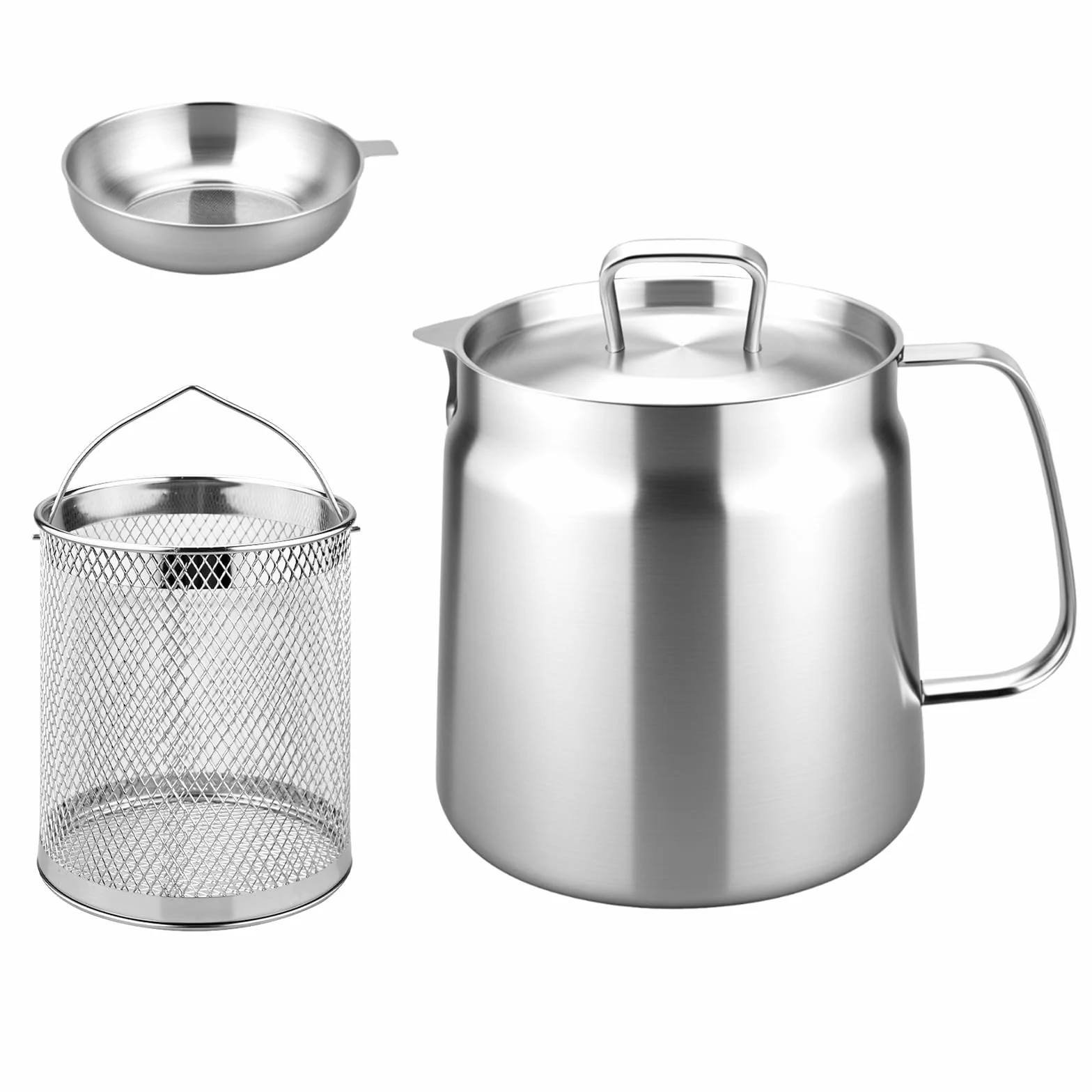 Contenitore per grasso di pancetta in acciaio inox, 2 l, con colino e coperchio, per cucinare, arrostire e setacciare olio, adatto a tutti i piani cottura, in acciaio inox