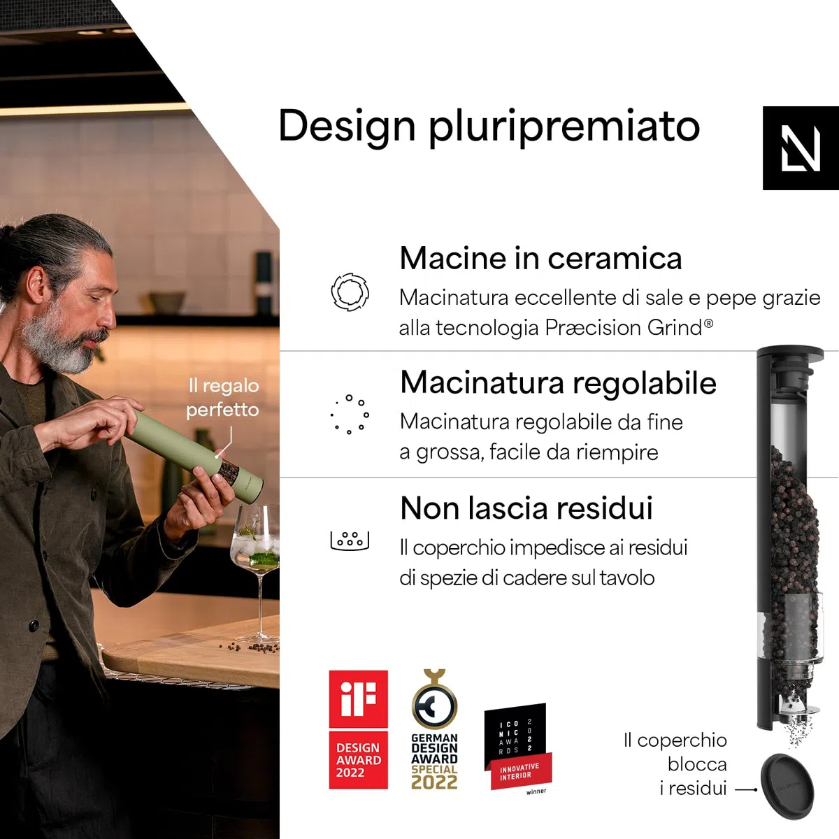 LARS NYSØM Macina sale e pepe manuale grande (28,8 cm) con macina in ceramica regolabile da grossolana a fine I Design per triturare spezie (Carbon Black)